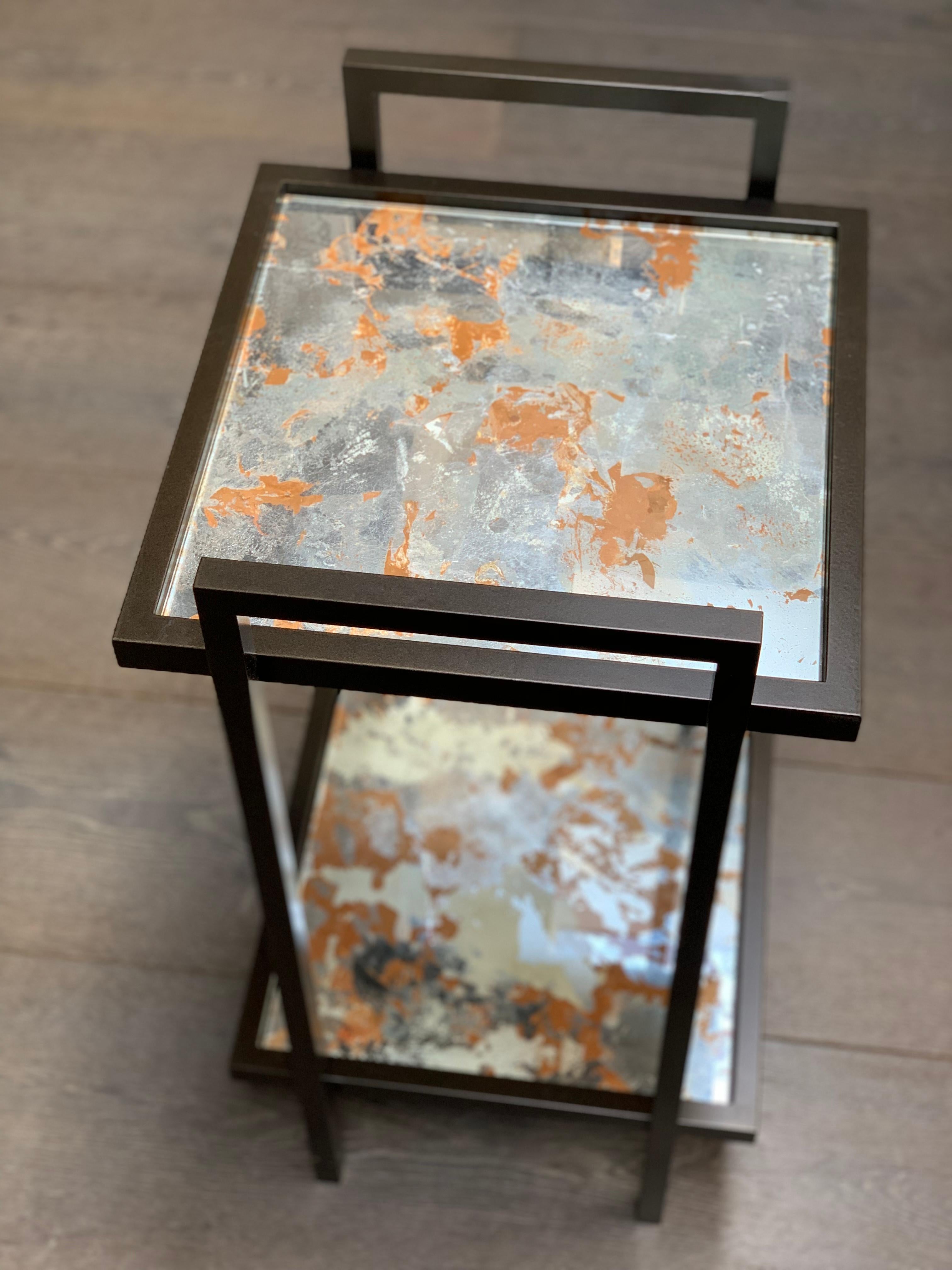 Contemporary Bacco Console Side Table in Dark Bronze and Handmade Antique Mirror Surface For Sale
