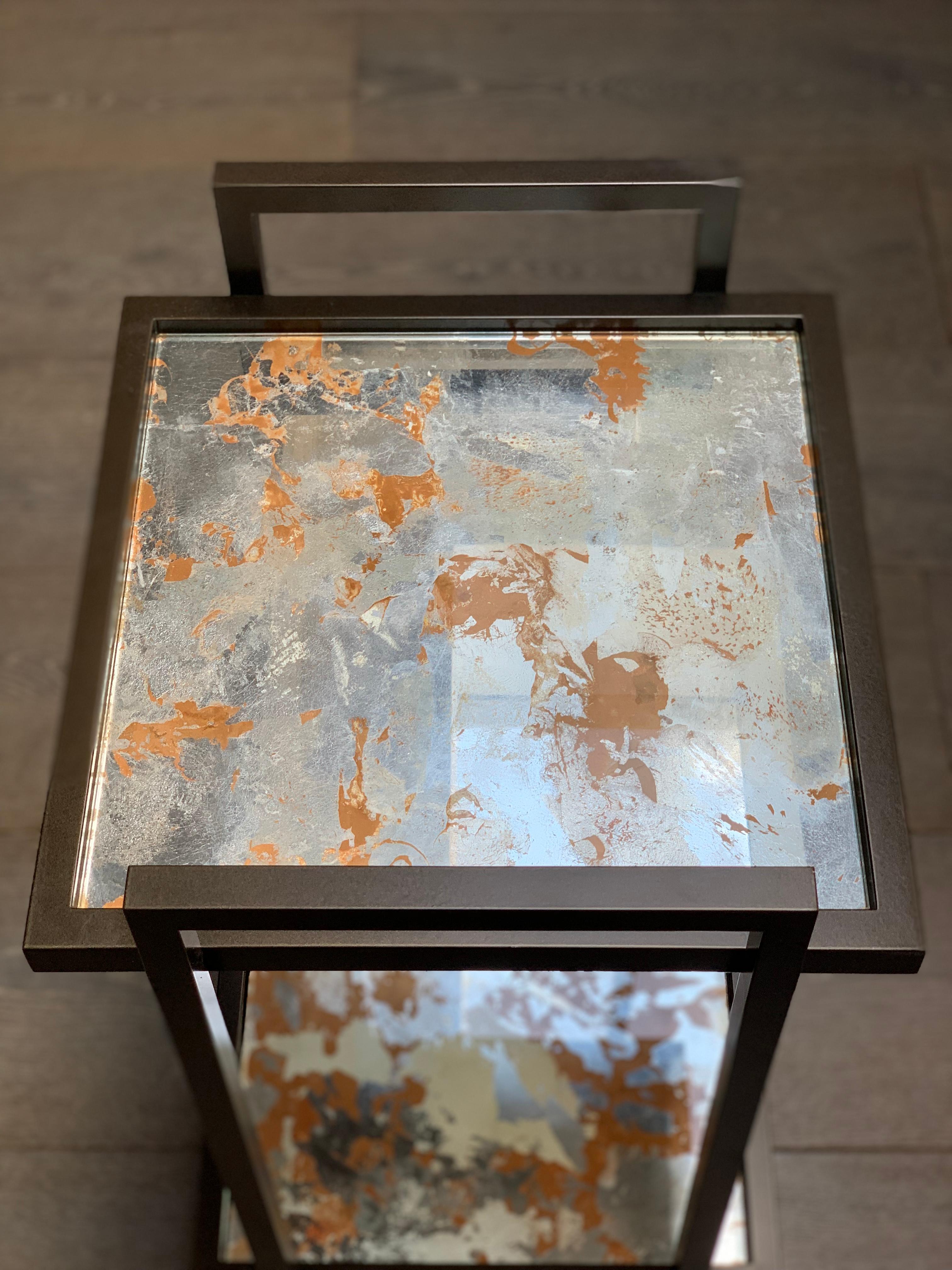 Marble Bacco Console Side Table in Dark Bronze and Handmade Antique Mirror Surface For Sale