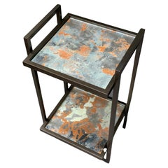 Tavolino Bacco in bronzo scuro e superficie in Antique Mirror fatta a mano