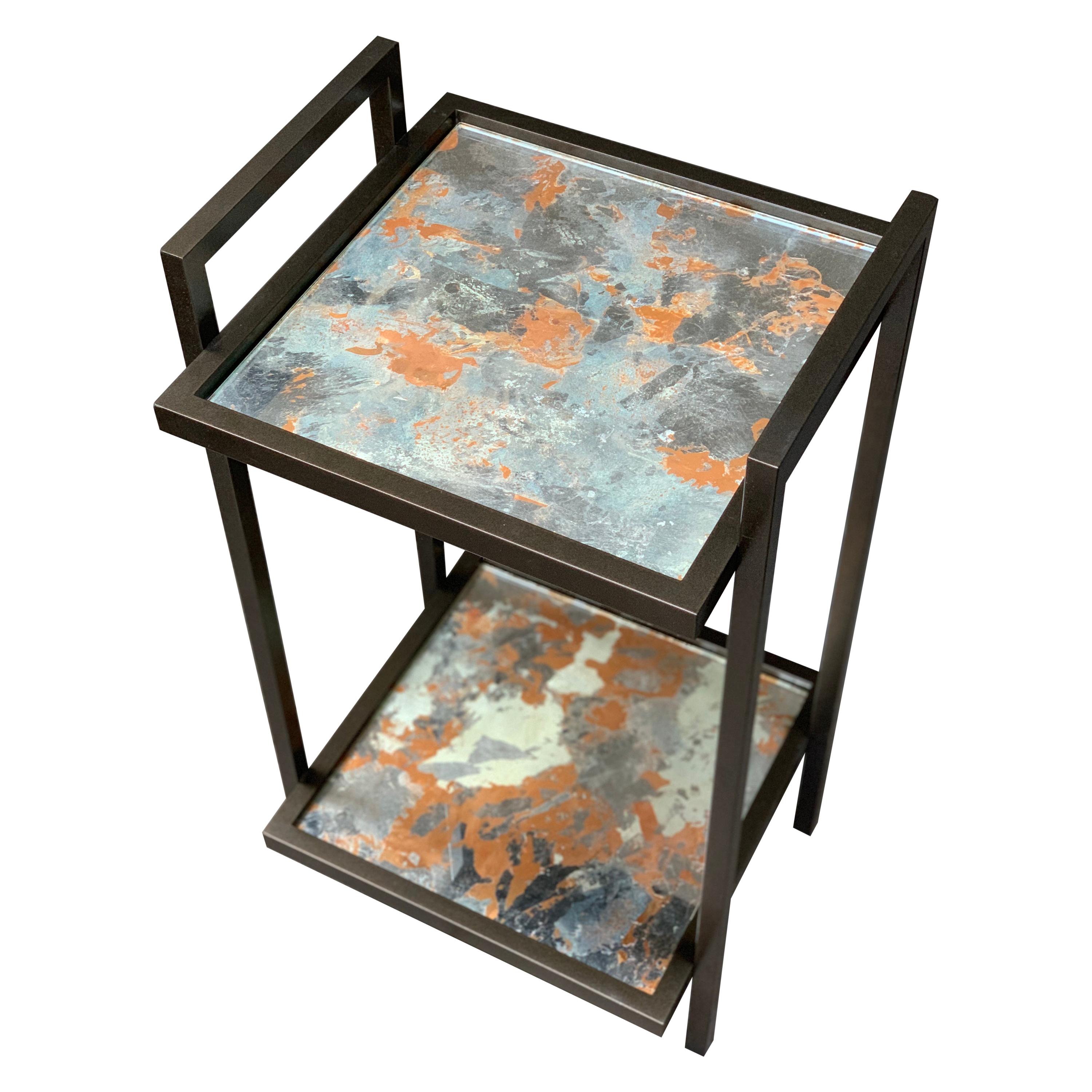 Bacco Console Side Table in Dark Bronze and Handmade Mirror Verre Églomisé 