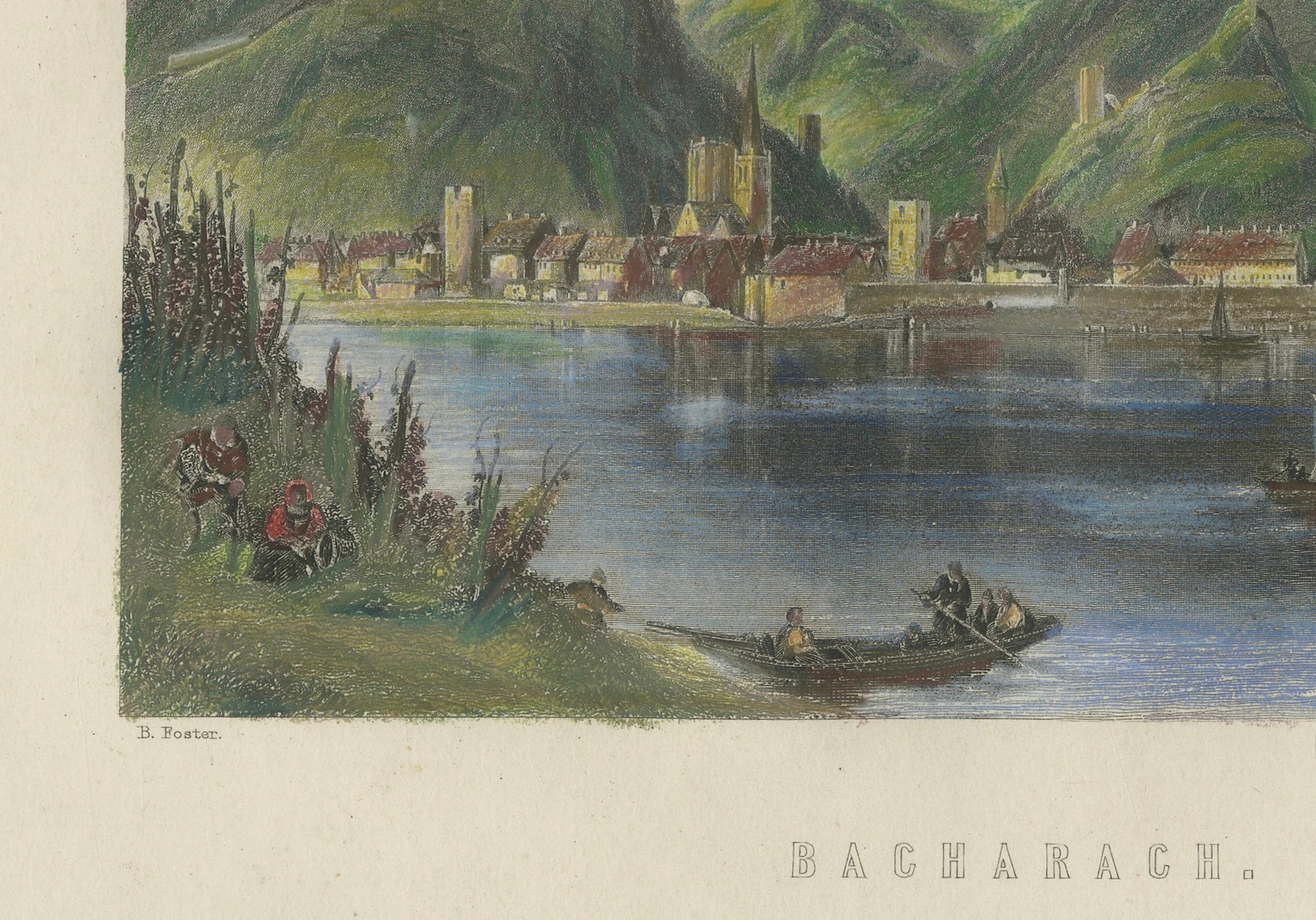 Bacharach on the Rhine – Small Picturesque 19th-Century Hand-Colored Engraving In Good Condition For Sale In Langweer, NL