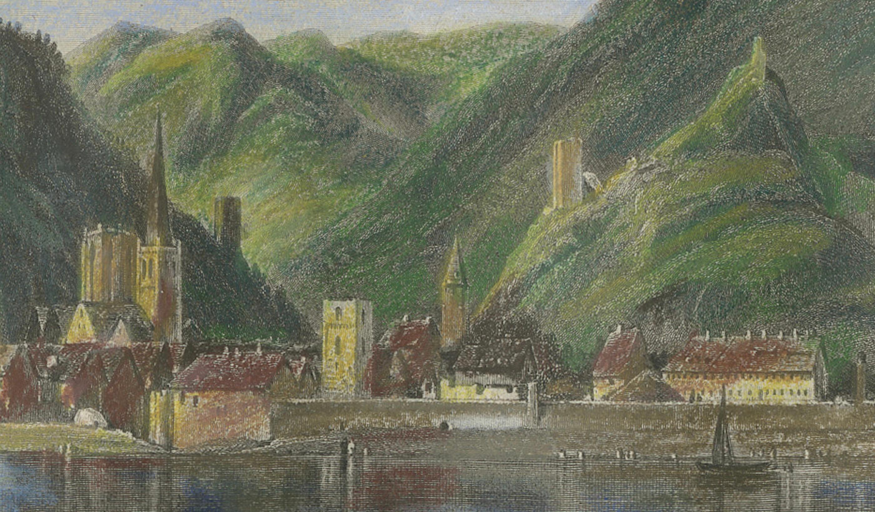 Paper Bacharach on the Rhine – Small Picturesque 19th-Century Hand-Colored Engraving For Sale