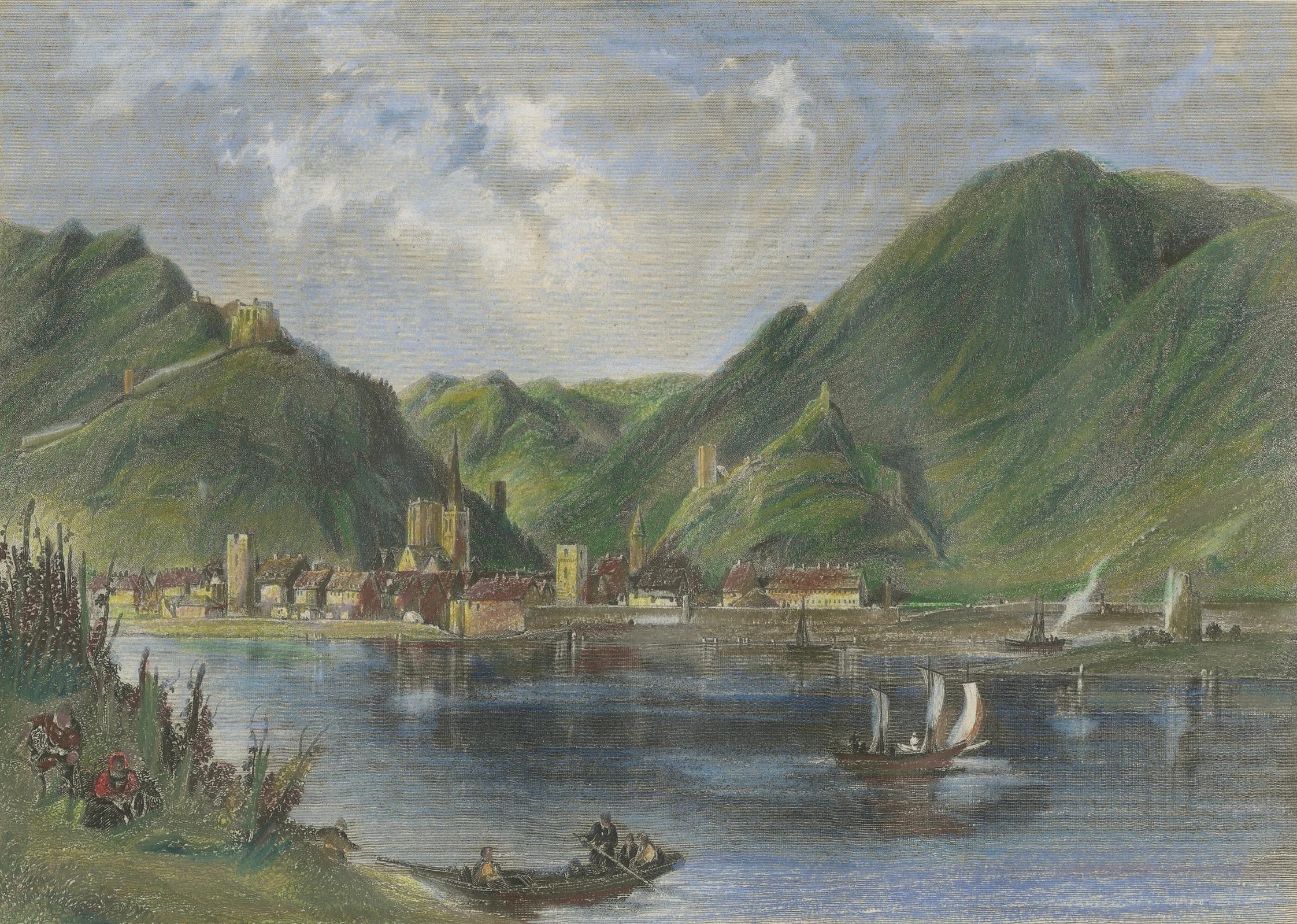 Bacharach on the Rhine – Small Picturesque 19th-Century Hand-Colored Engraving For Sale 1