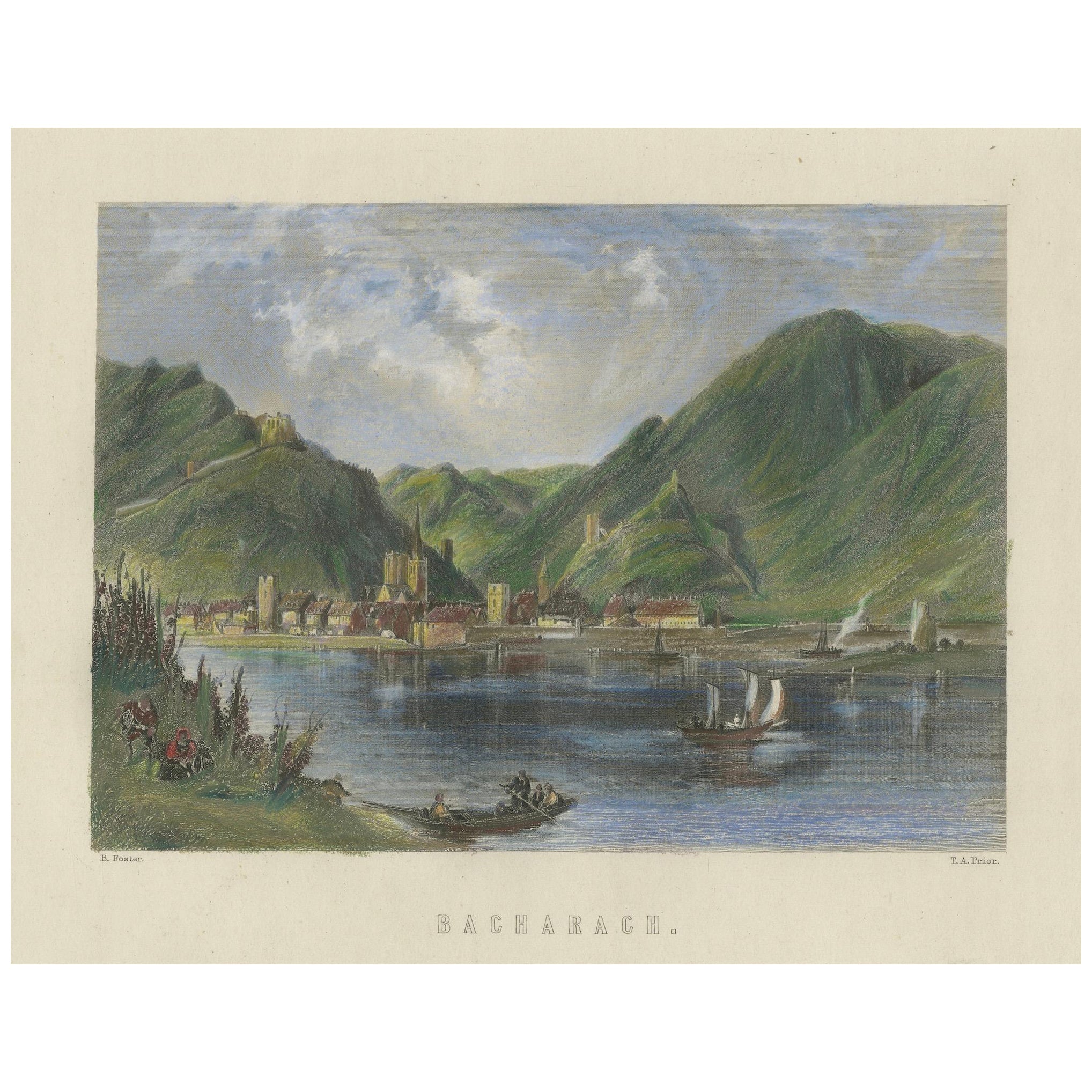 Bacharach on the Rhine – Small Picturesque 19th-Century Hand-Colored Engraving For Sale