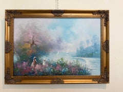 Large Impressionist Landscape Oil Painting Signed Bachmann Lakeside Garden