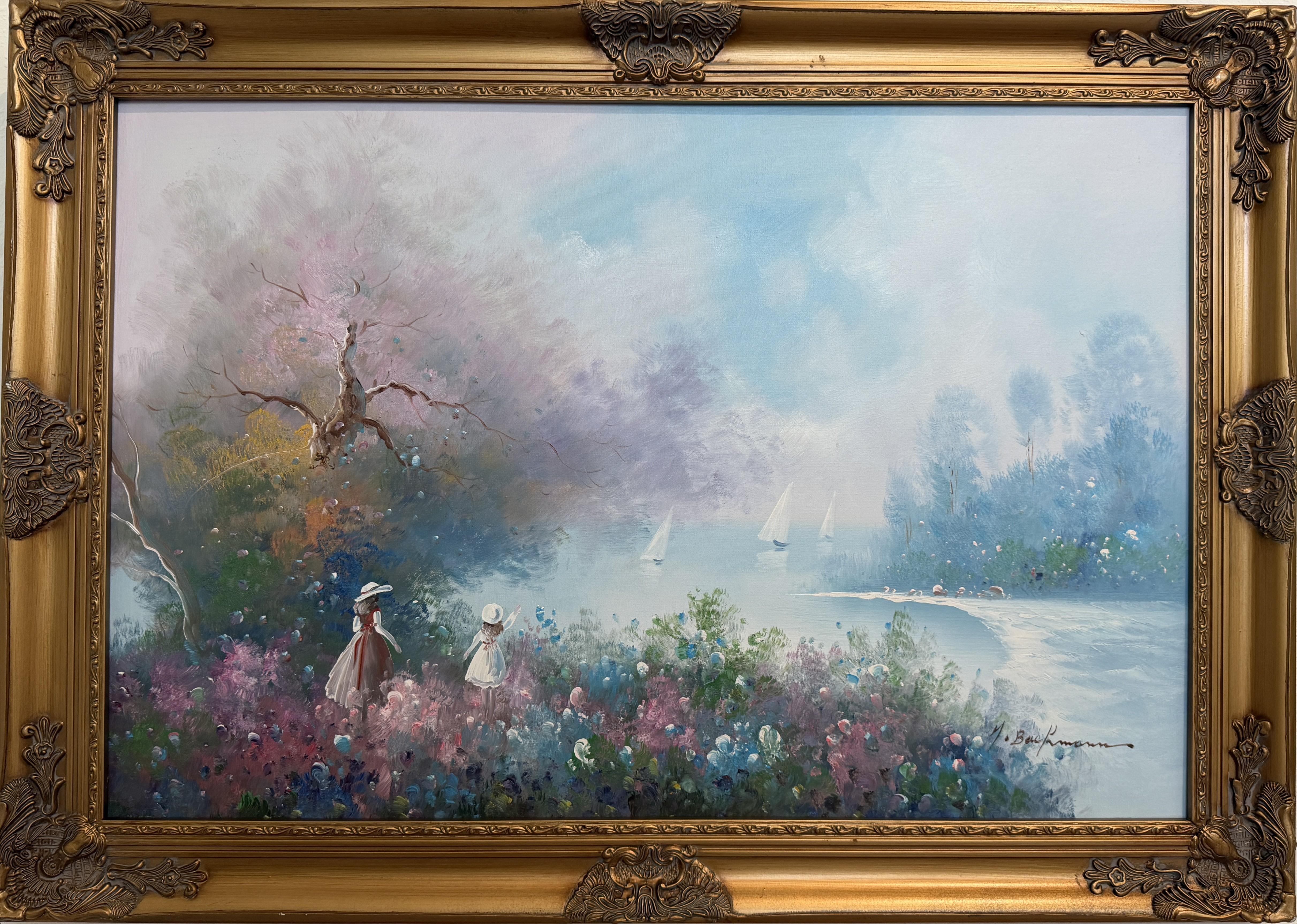 Large Impressionist Landscape Oil Painting Signed Bachmann Lakeside Garden