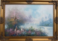 Large Impressionist Landscape Oil Painting Signed Bachmann Lakeside Garden