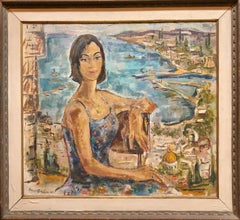 Mid Century Modernist Israeli 'Sabra in Haifa' Landscape Harbor Oil Painting