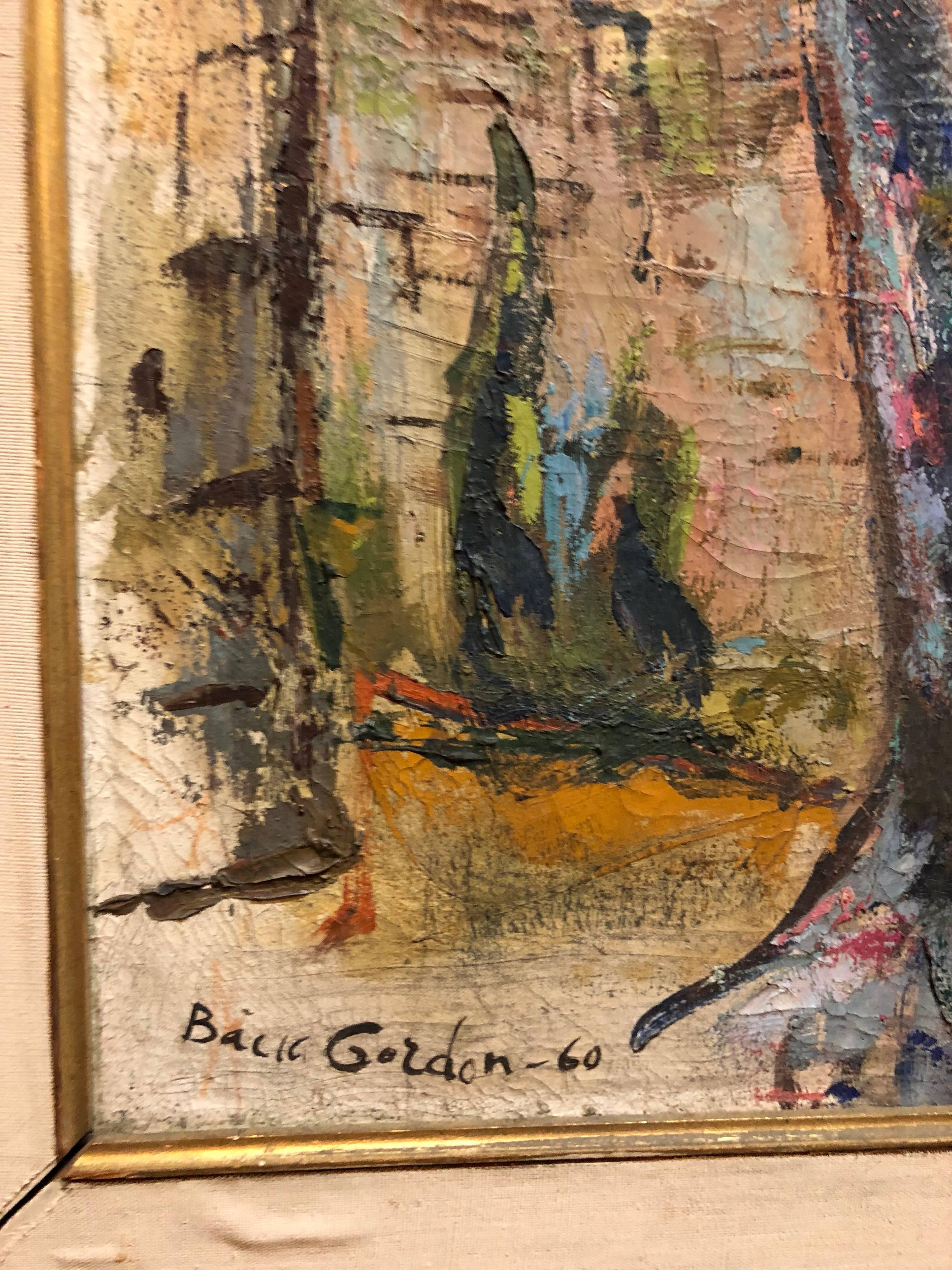 Mid Century Modernist Israeli 'Sabra in Haifa' Landscape Harbor Oil Painting For Sale 1