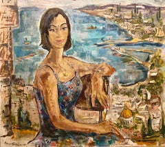 Peinture à l'huile israélienne moderniste du milieu du siècle - Paysage de port de Sabra en Haïti