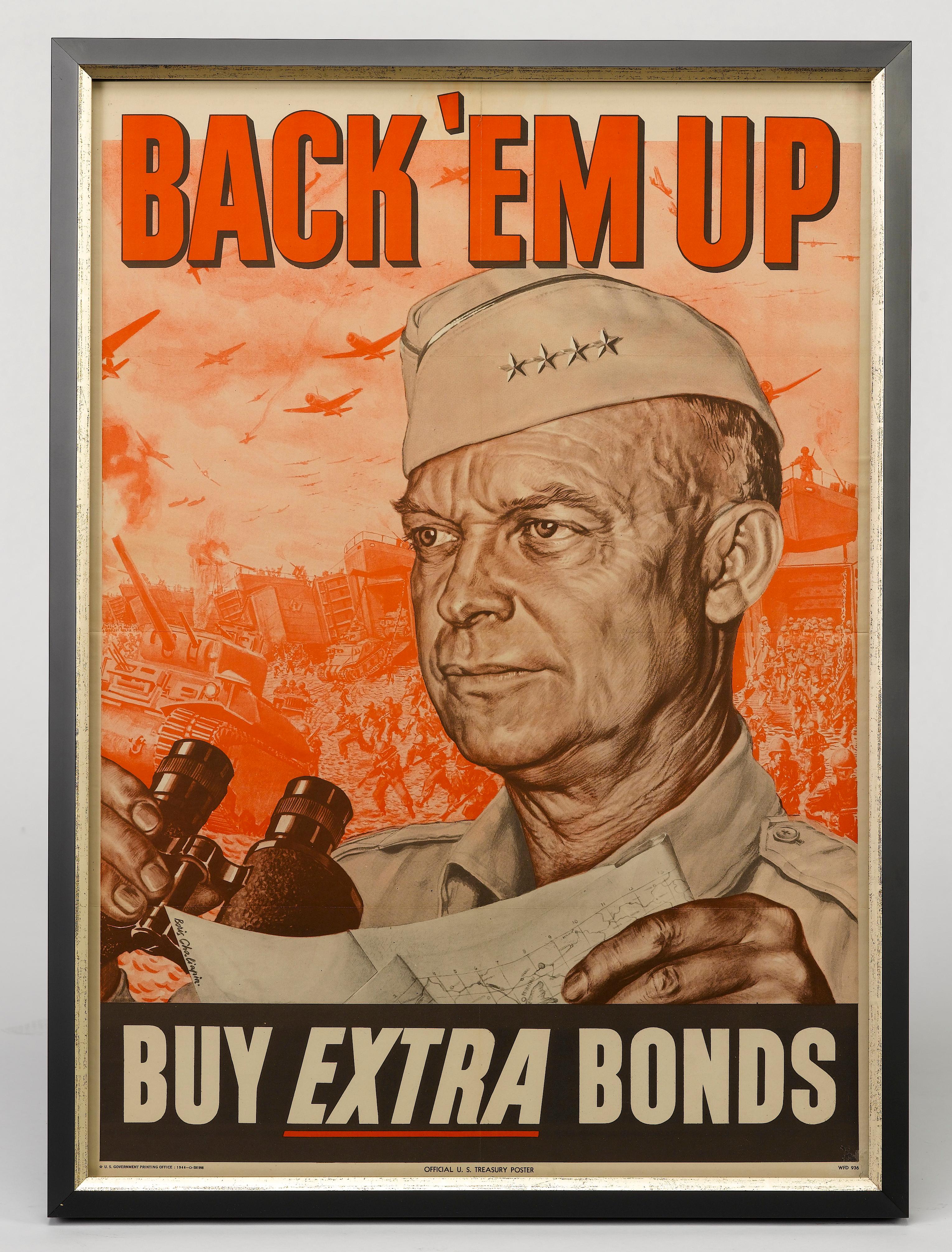 Printed in 1944 by the U.S. Government Printing Office, this original World War II poster features Dwight D. Eisenhower center in the composition. The work was created by artist Boris Chaliapin (1904-1979).

Dwight David “Ike” Eisenhower