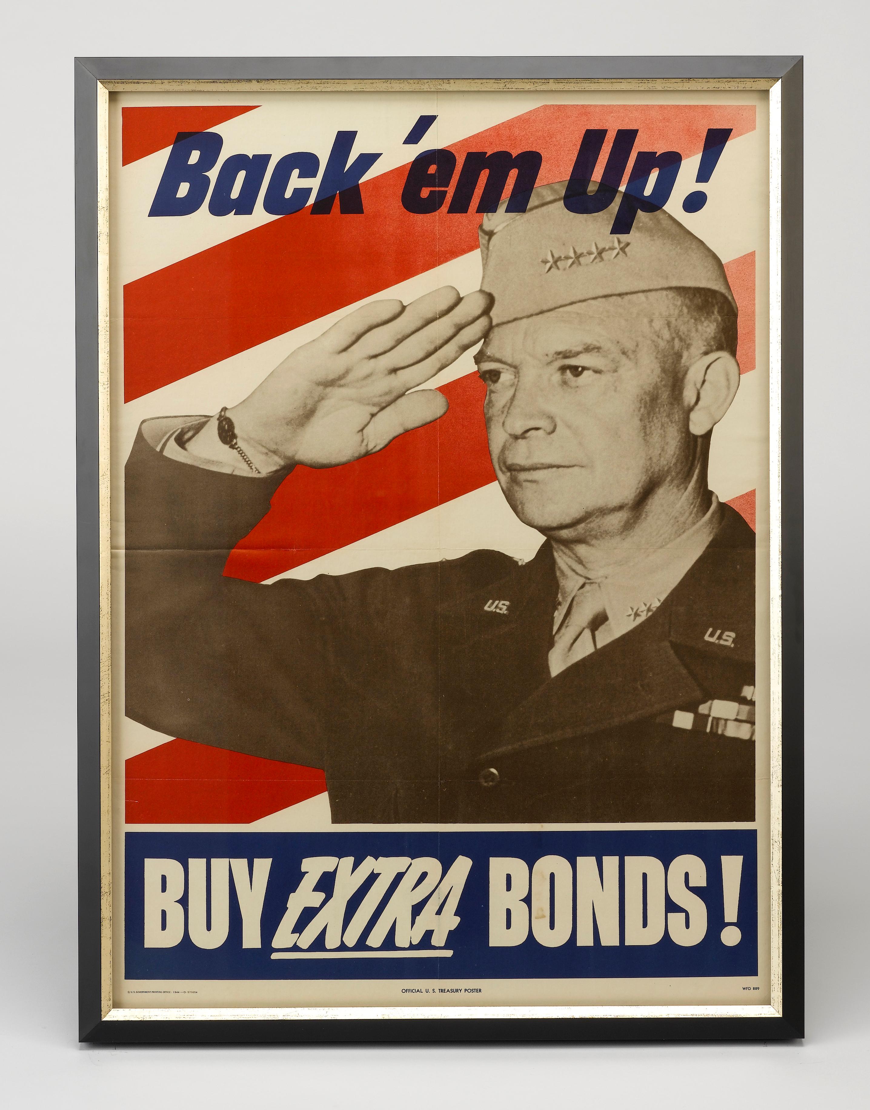 Printed in 1944, this original World War II poster features a photograph of Dwight D. Eisenhower saluting in his four-star uniform.

Dwight David “Ike” Eisenhower (1890-1969) was an army general and statesman who served as the 34th President of