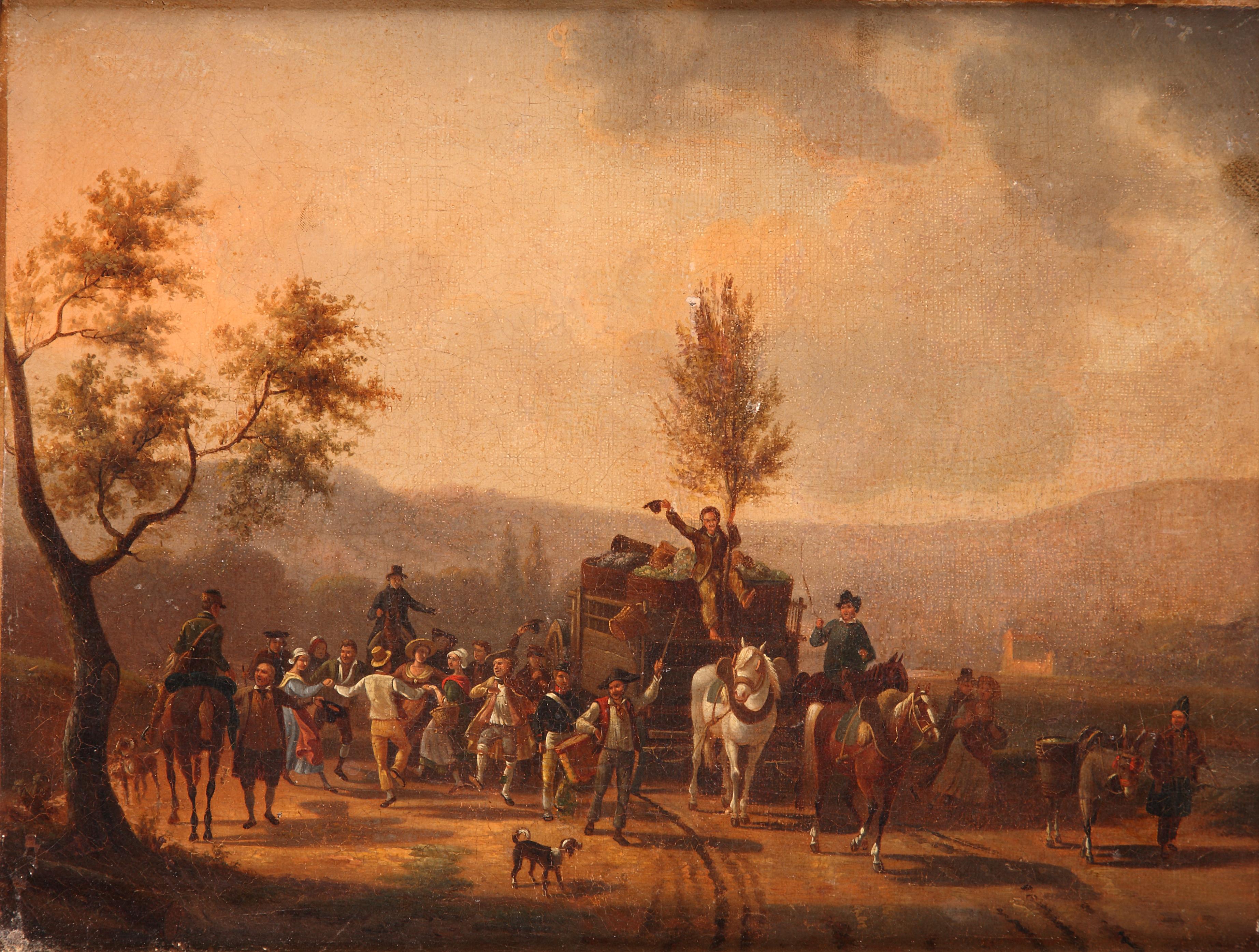 Scene from everyday life representing a crowd returning from the fair, attributed to J.F. Demay.

Born in 1798 in Mire court (Meurthe-et-Moselle Dept.), died in 1850 in Paris, Jean-Louis-Francois Demay was a painter specializing in genre scenes and