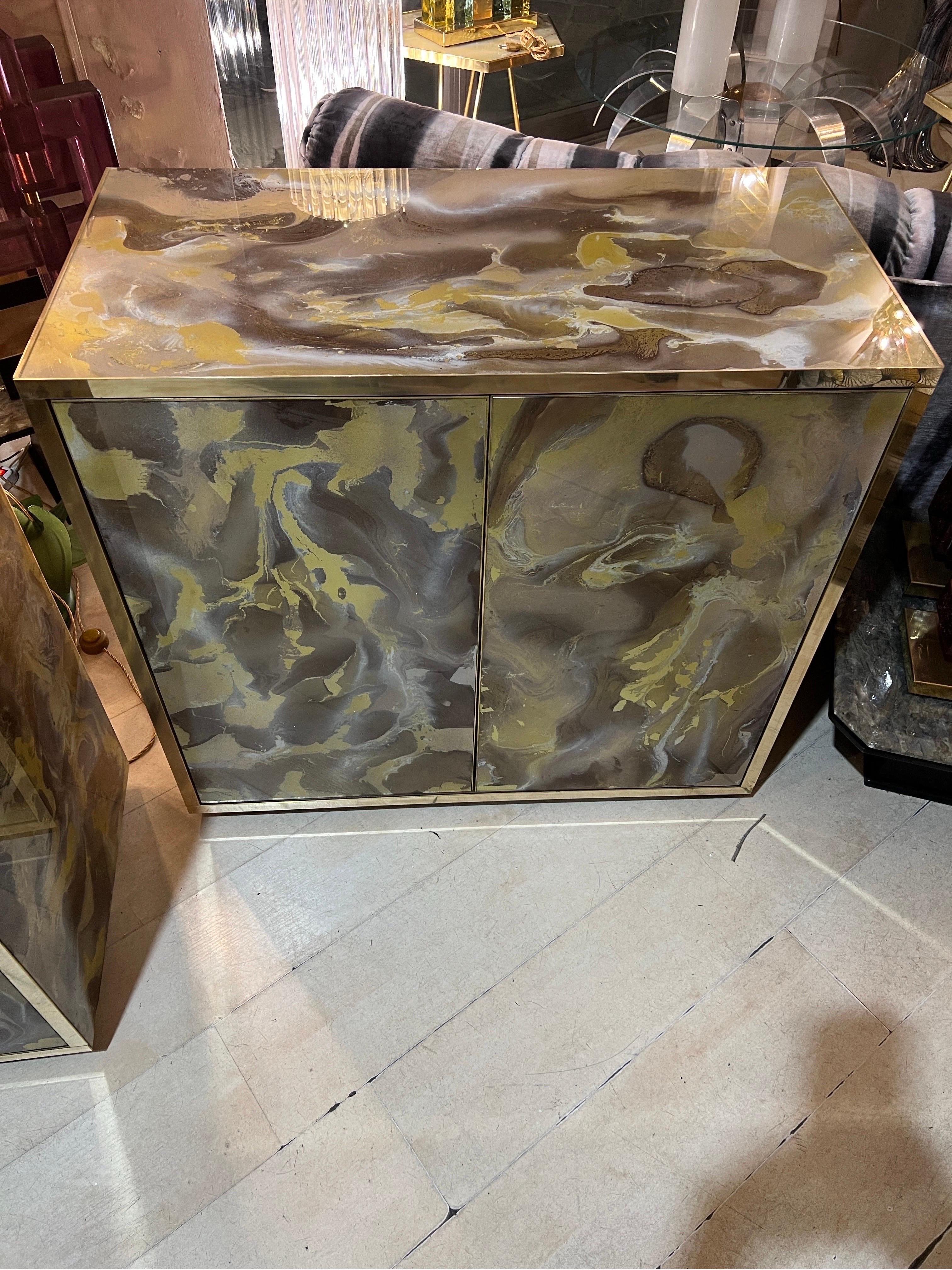 Late 20th Century Back Hand-Painted Glass Cupboard Marbled Effect with Brass Frame, 1980s For Sale