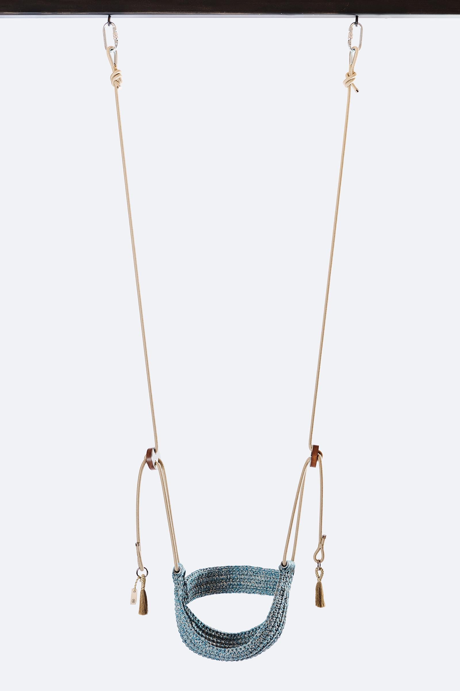 Scandinavian Modern Outdoor UV protected Blue Sand Handmade Crochet Hammock Seat Swing with Back For Sale