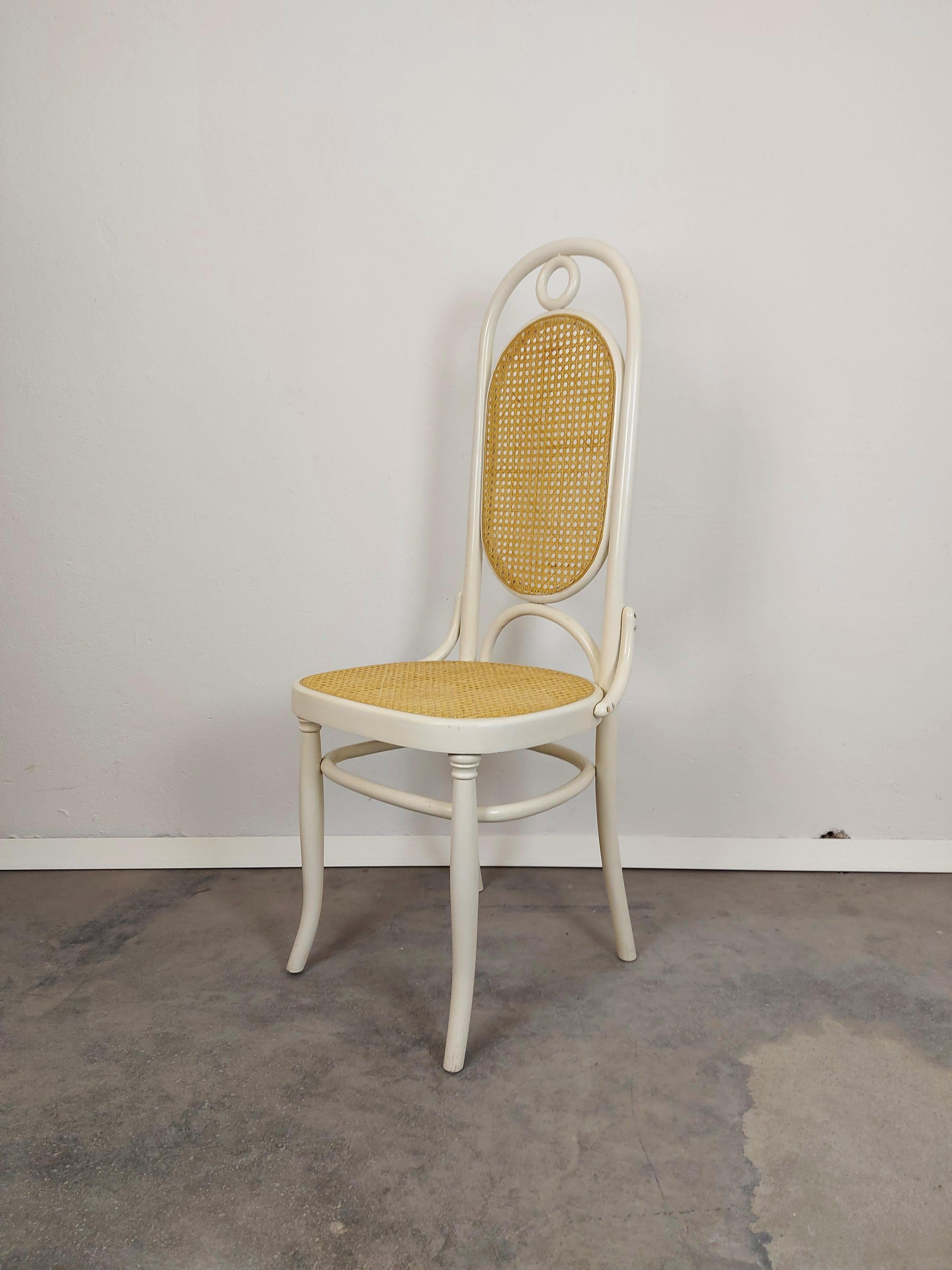 Bentwood cane white dining chairs, No.17
Period: 1940s
Materials: bentwood, cane
Colour: white
Condition: Good condition, original vintage condition, light scratching and wear to the wood around.
Dimensions:
Seat Height: 47 cm
Overall Height: