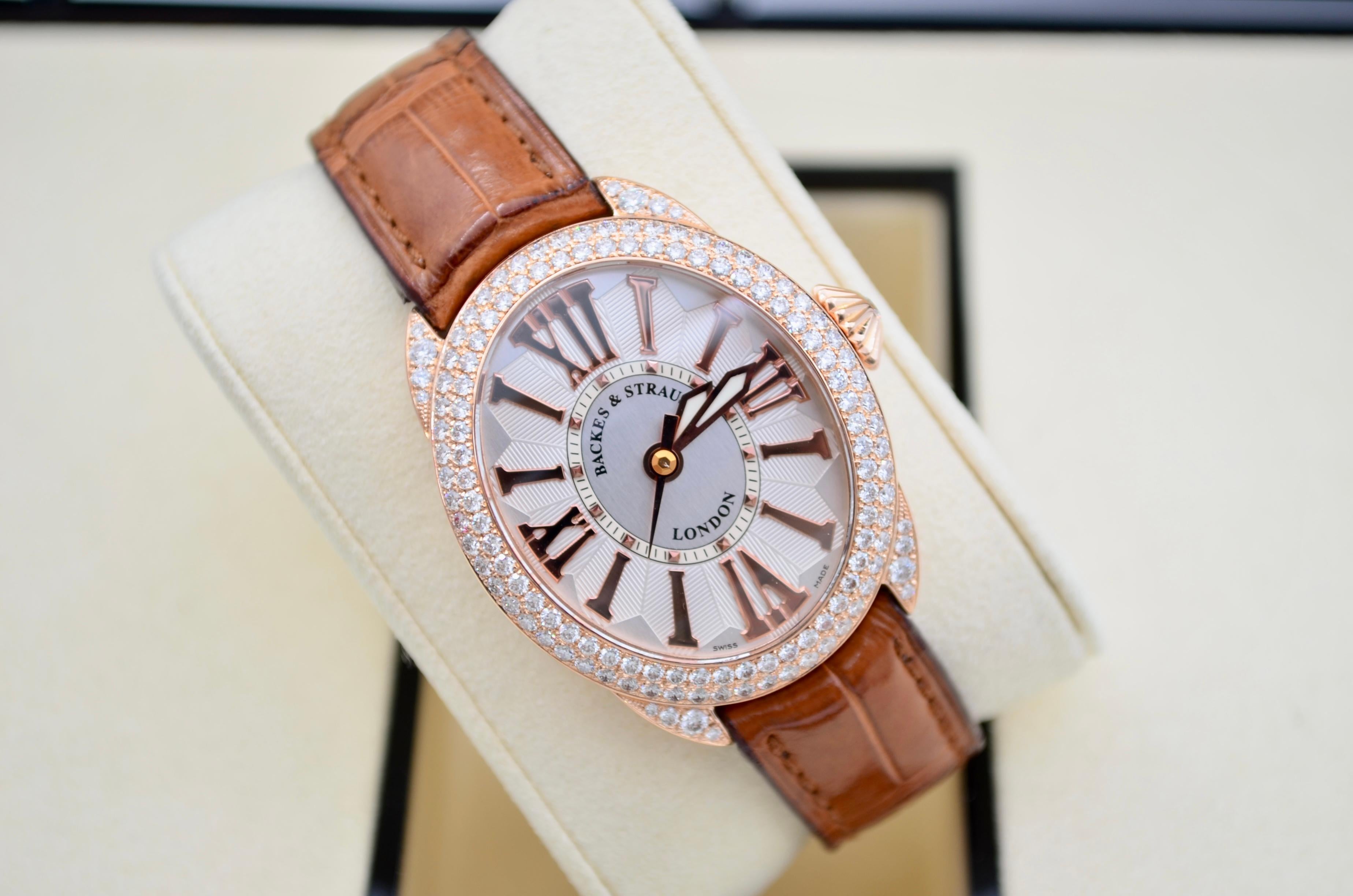 Brilliant Cut Backes&Strauss Regent Rose Gold 38x32mm Diamonds Leather Strap RE.3238.MA D.2R For Sale