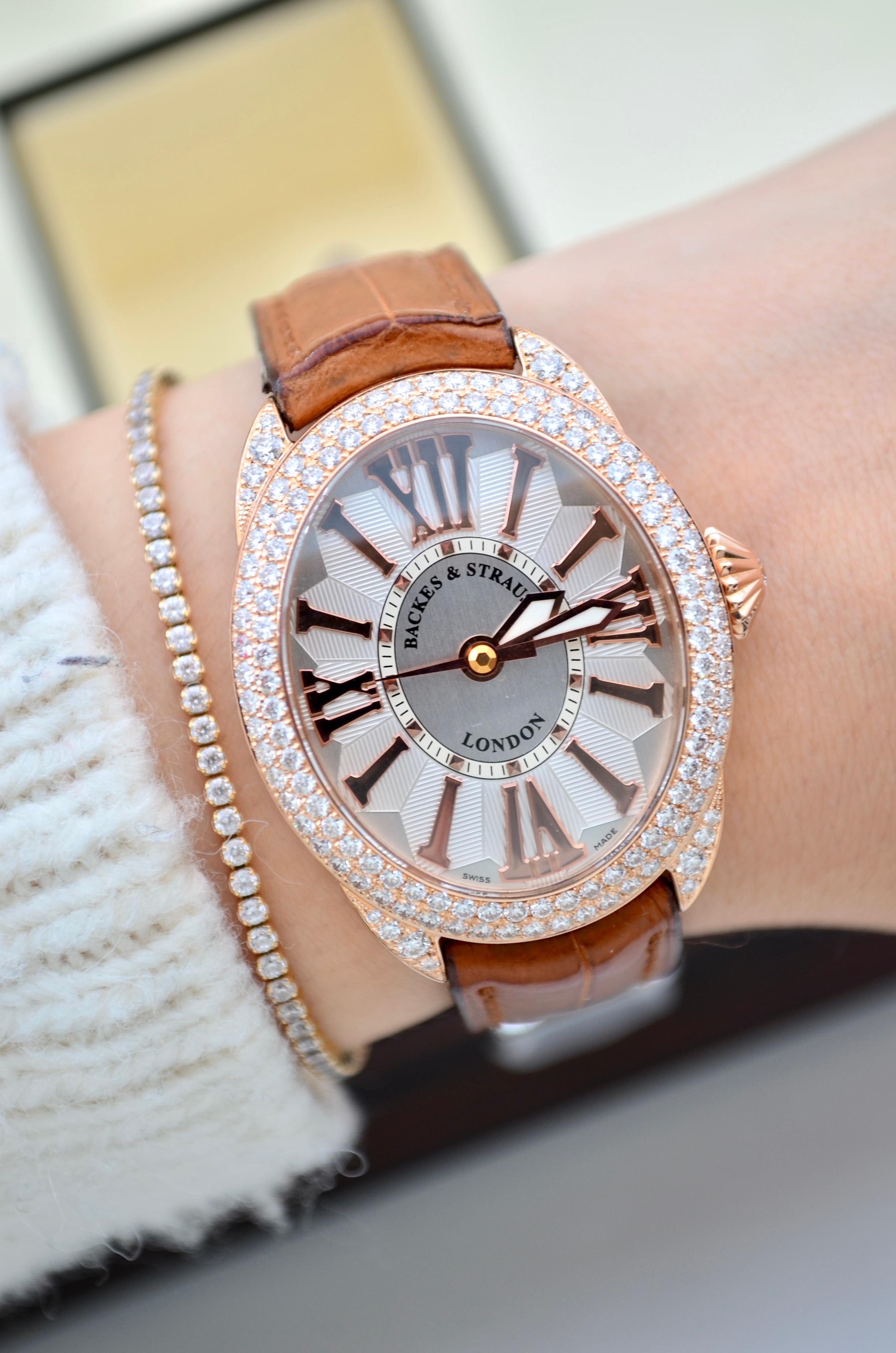 Backes&Strauss Regent Rose Gold 38x32mm Diamonds Leather Strap RE.3238.MA D.2R In Excellent Condition For Sale In București, RO