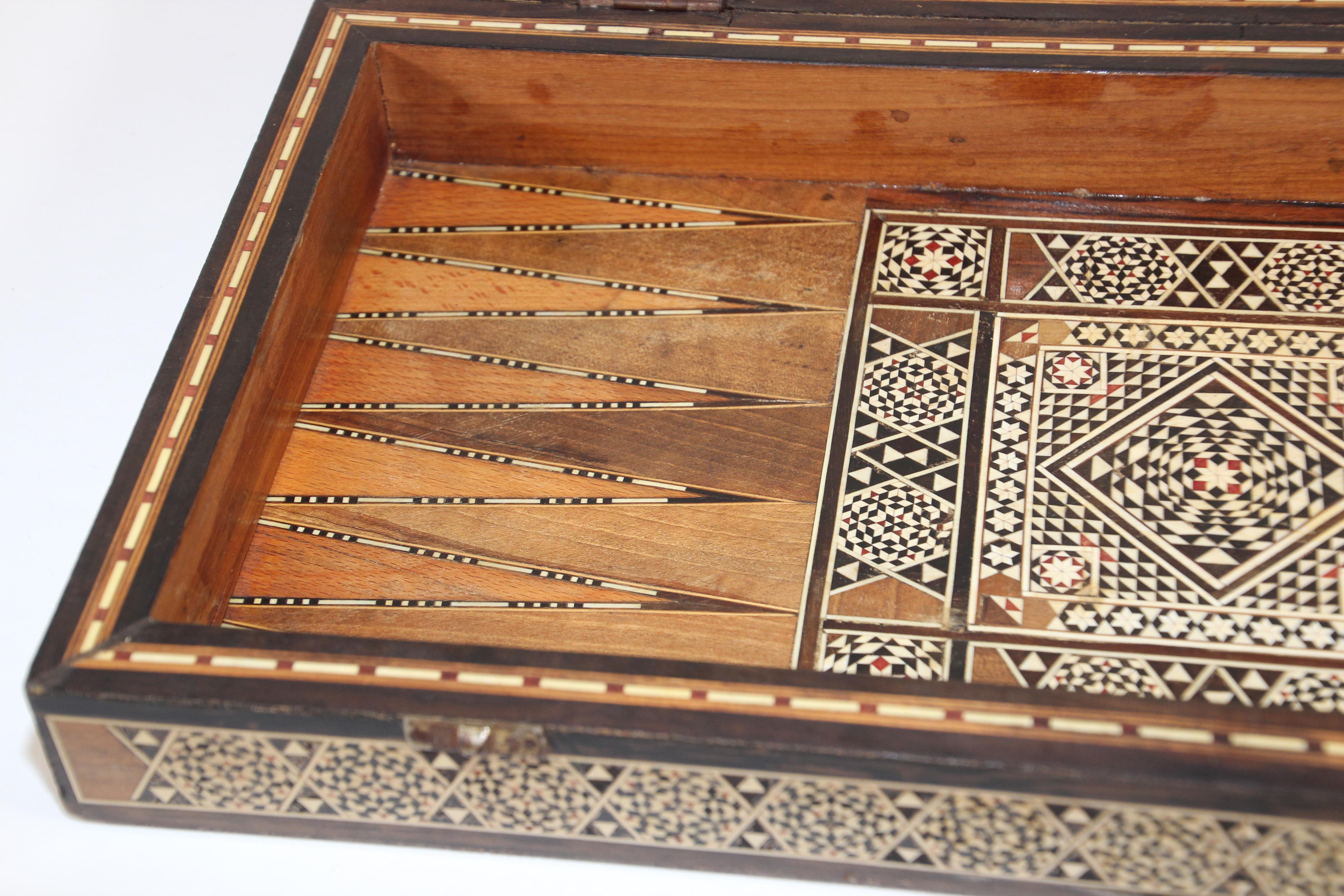 Fruitwood Backgammon and Chess Micro Mosaic Syrian Style Wooden Inlaid Marquetry Box Game