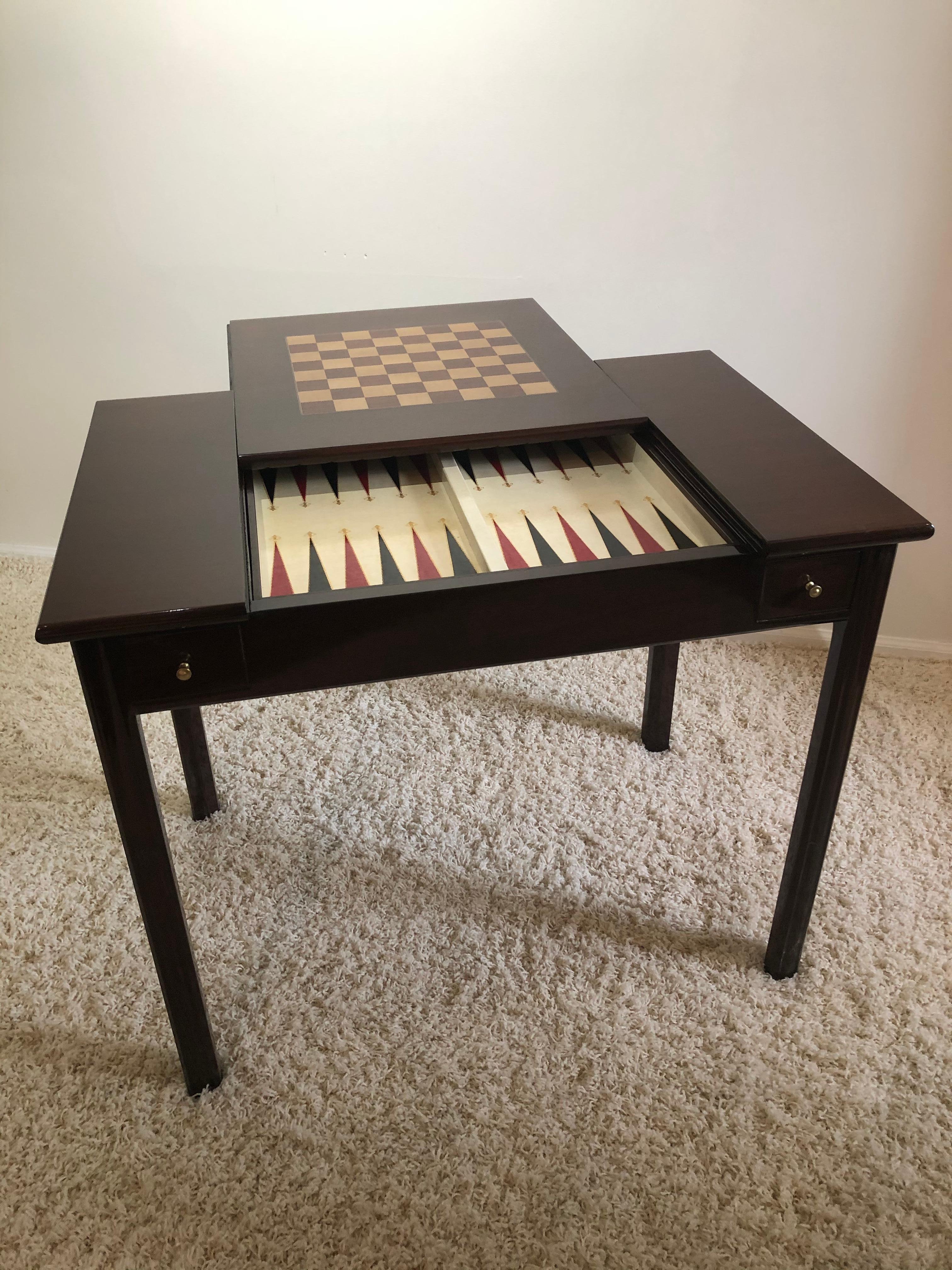Vintage small scale mahogany Backgammon, chess checkers two sided top two-drawer game table, backgammon tray can be lifted out of wanted, two long drawers, and two fake front, brass knobs. Leather lined board. Classic design goes well with Art Deco