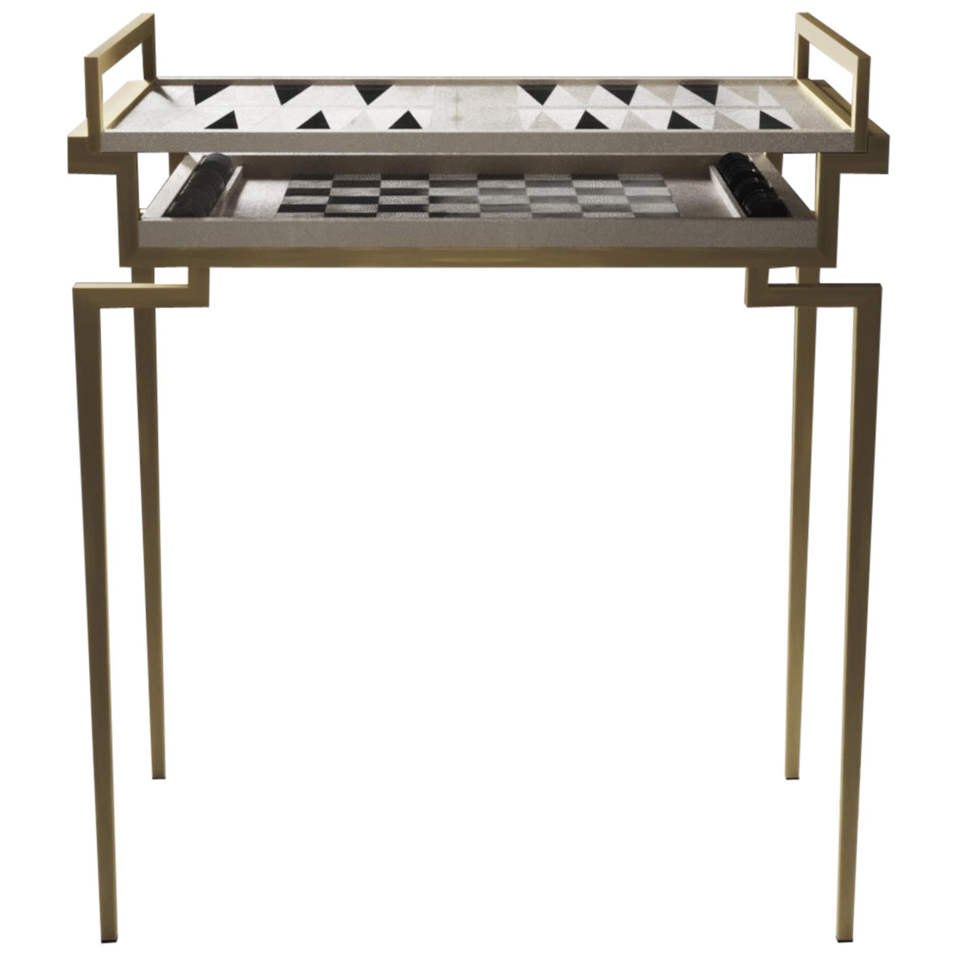 Backgammon Chess Table in Shagreen and Brass by R&Y Augousti