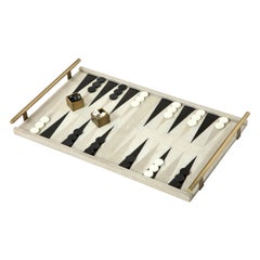 Backgammon Game, Cream Shagreen, Black Sea Shell and Brass Details