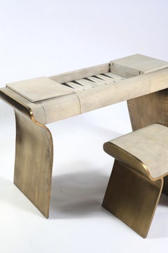 Backgammon Game Desk in Cream Shagreen and Bronze-Patina Brass by Kifu Paris