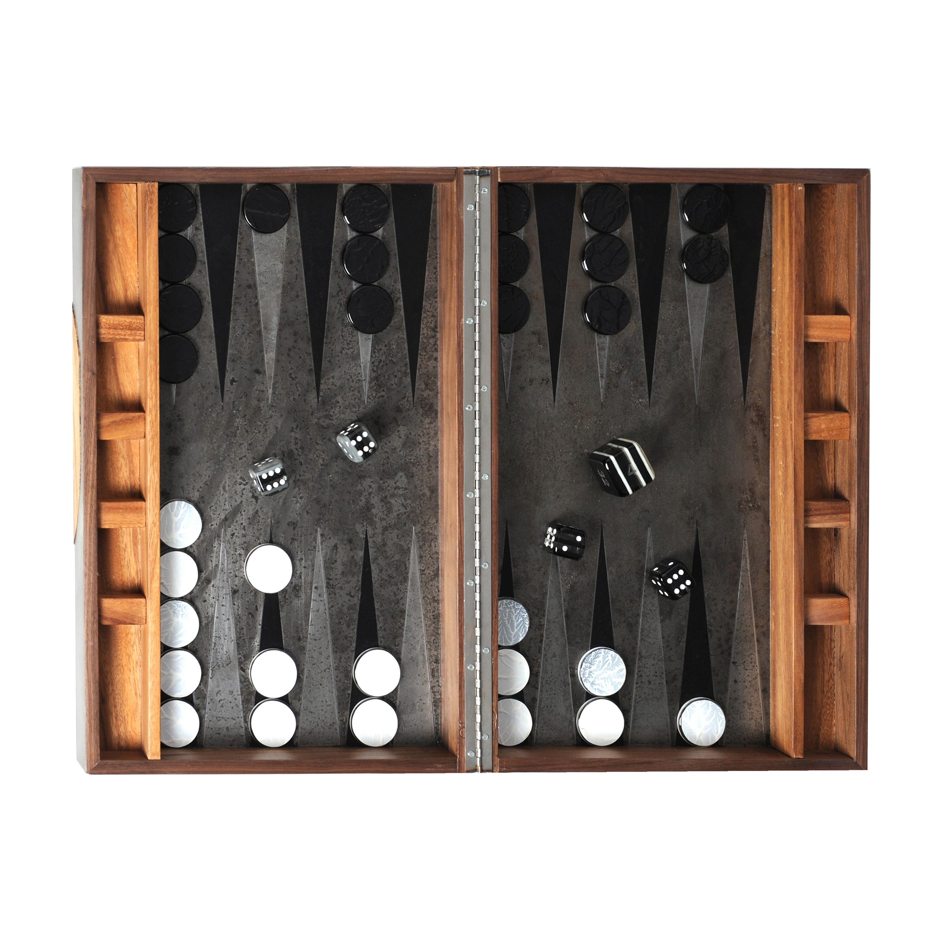 Backgammon Roarshax Wood Case with Glass Chips and Dice For Sale
