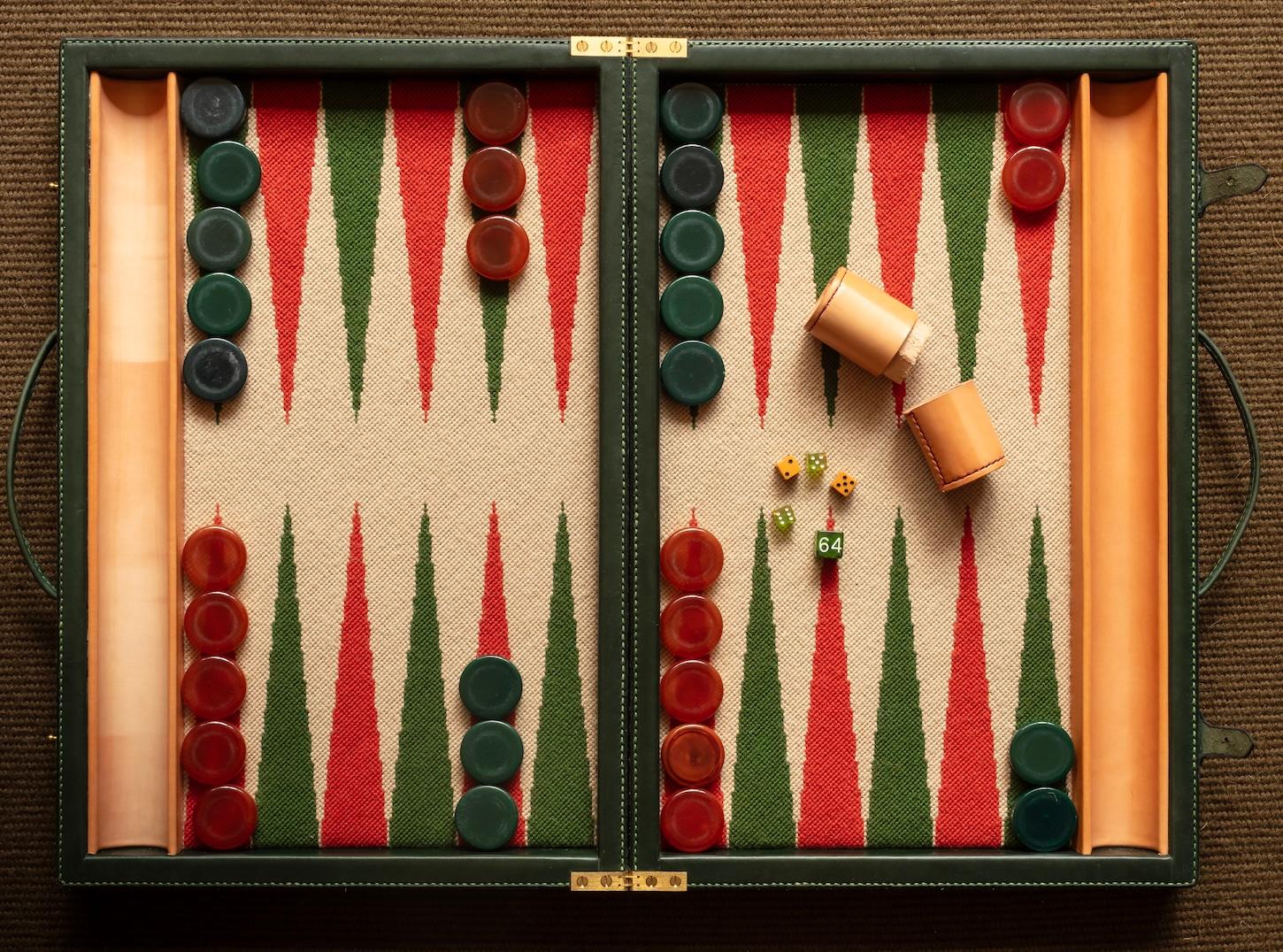 Backgammon-Set in Ledergehäuse mit Nadelspitze und Vintage-Theken in Blau. im Zustand „Gut“ im Angebot in London, GB
