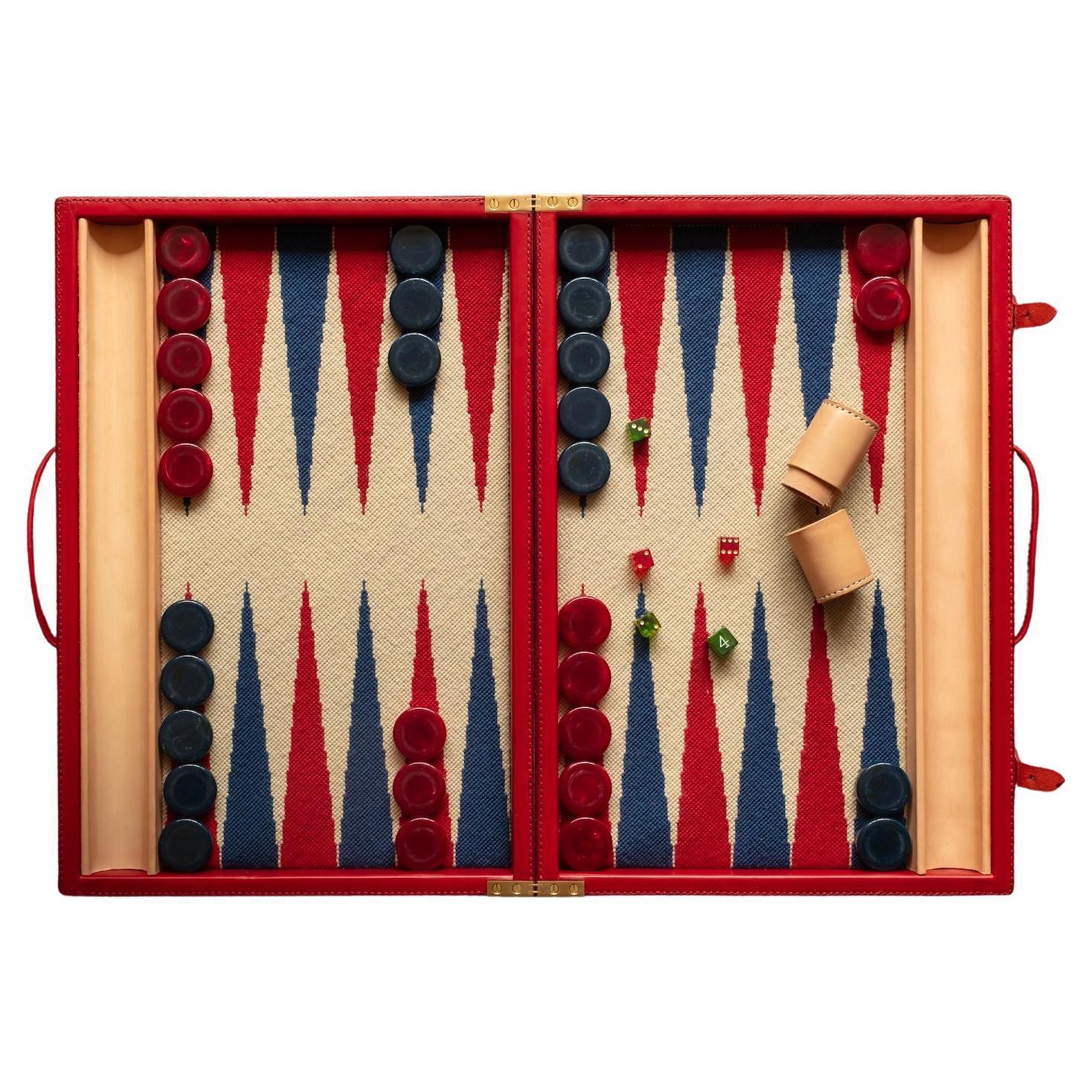 Backgammon-Set in Ledergehäuse mit Nadelspitze und Vintage-Theken in Blau.