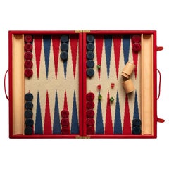 Jeu de backgammon dans une mallette en cuir avec plateau de jeu brodé et pions vintage - Bleu.
