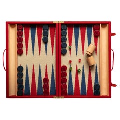 Backgammon-Set in Ledergehäuse mit Nadelspitze und Vintage-Theken in Blau.