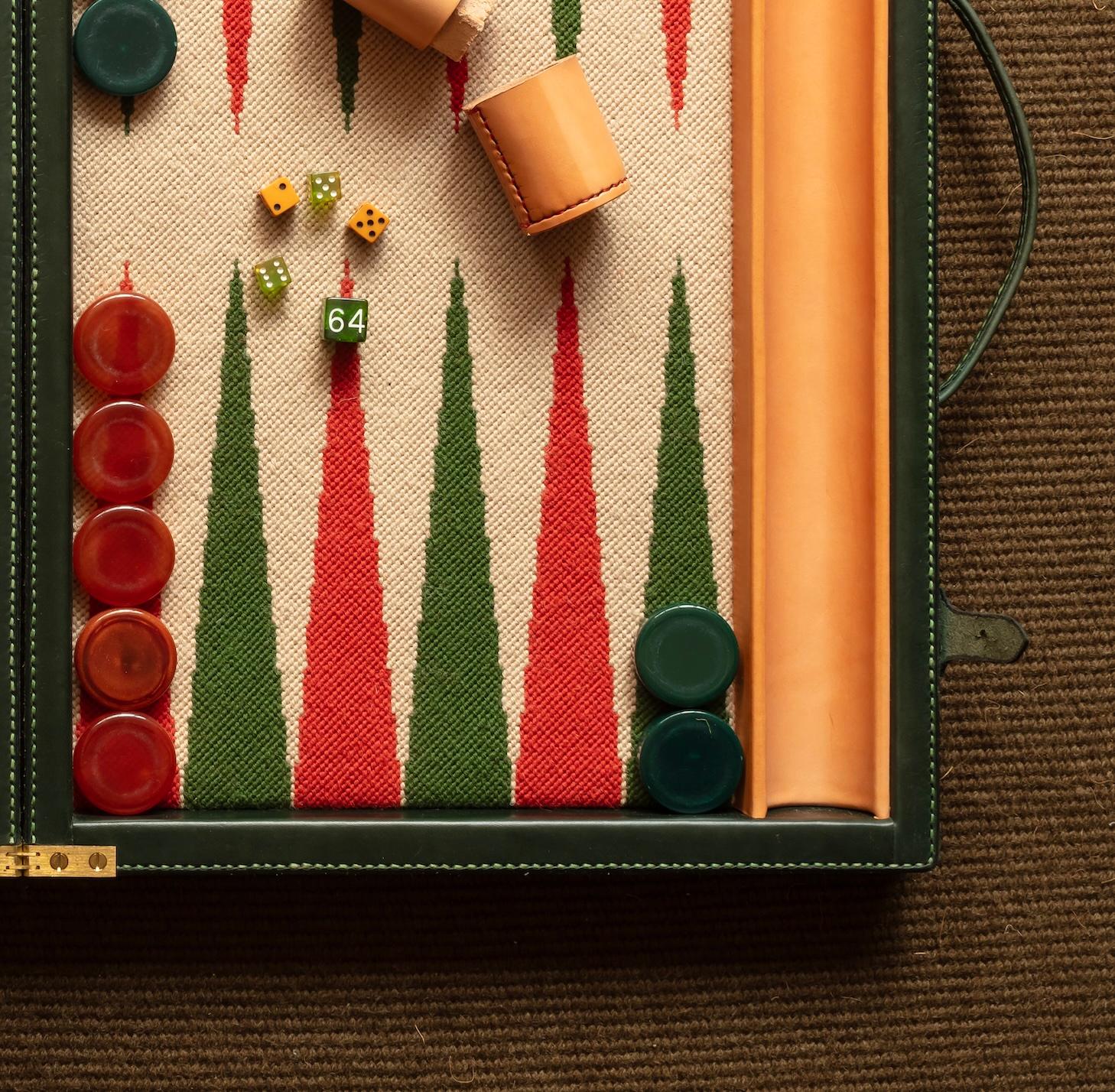 British Backgammon set in leather case with needlework board & vintage counters - Green. For Sale