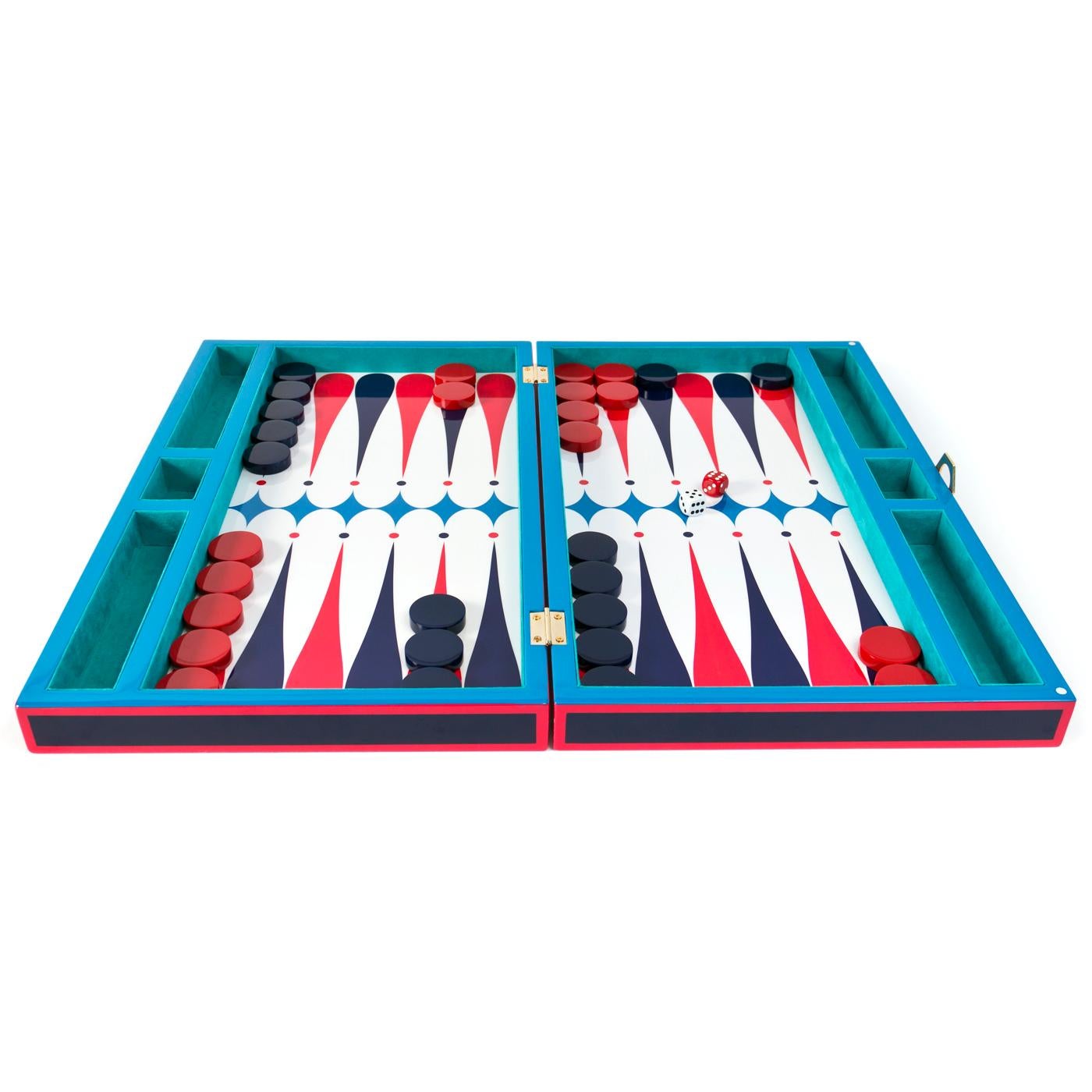 Raise your game. Our lacquer backgammon set is a fabulous combination of function and groovy design. You'd be mad to hide this bright and shiny sizzler, but if you want to it folds into a chic lacquer box. Looks great closed or open and it's sure to