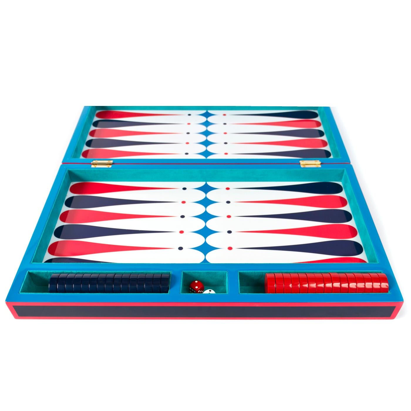 Modern Backgammon Set in Navy and Red Lacquer