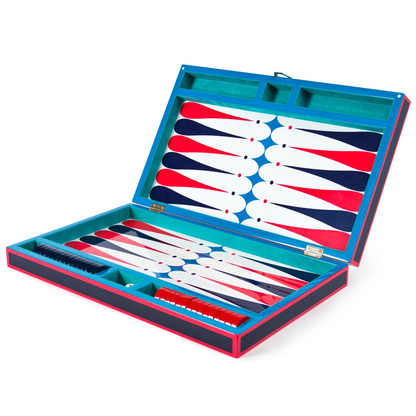 American Backgammon Set in Navy and Red Lacquer