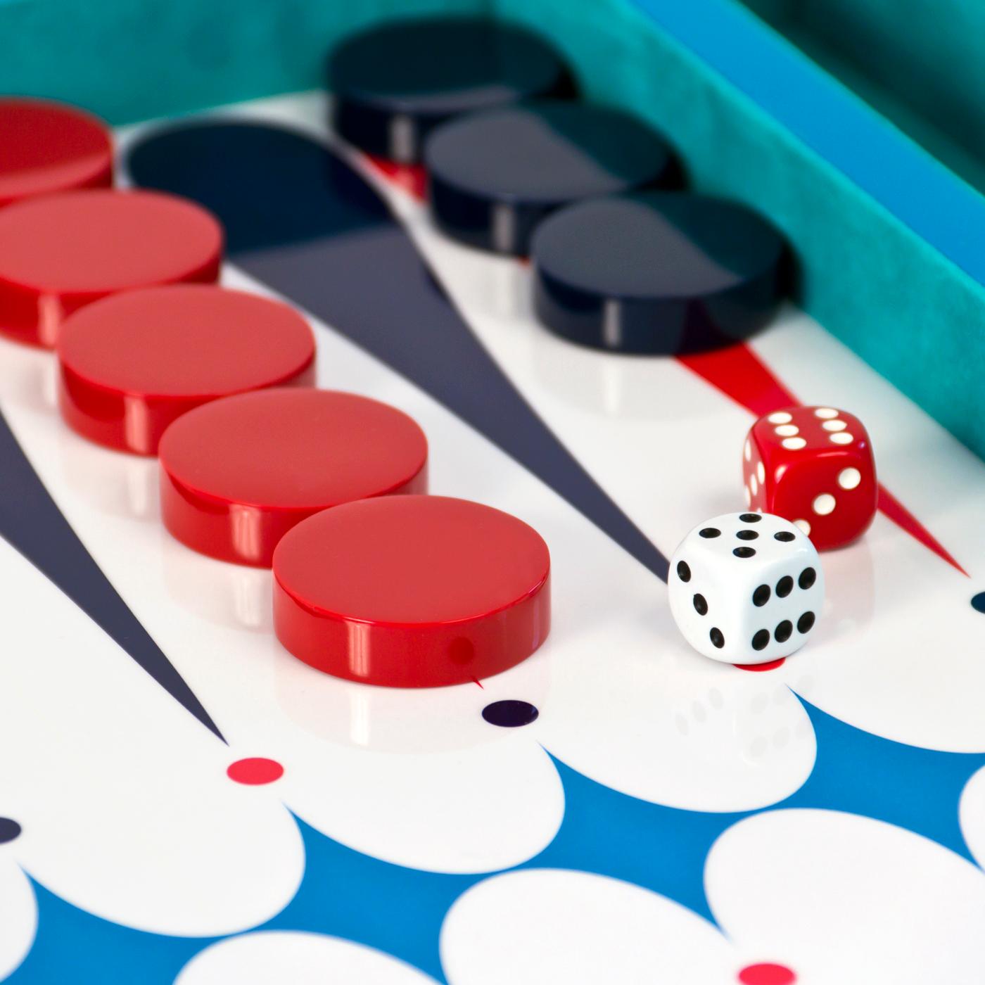 Brass Backgammon Set in Navy and Red Lacquer