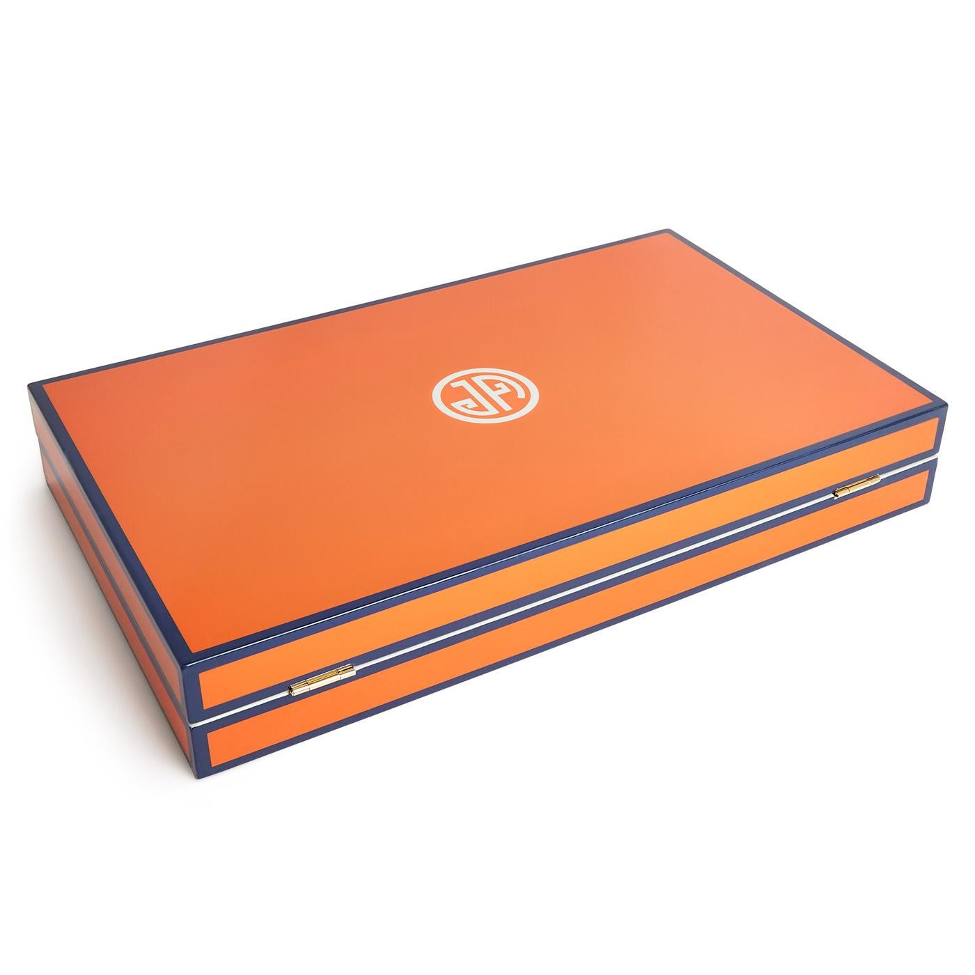 Modern Backgammon Set in Orange and Navy Lacquer