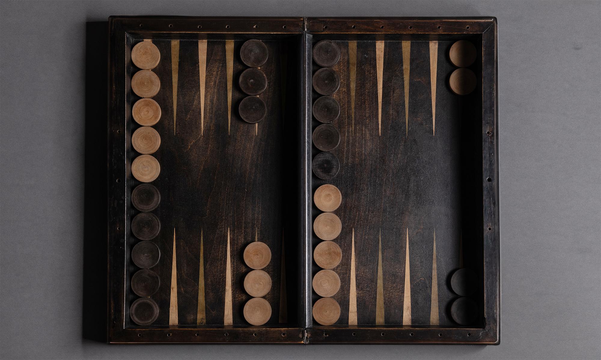 Backgammon Set

Italy circa 1940

CLOSED: 22.75”w x 13.5”d x 5”h OPEN: 27”w x 22.5”d x 2.25”h