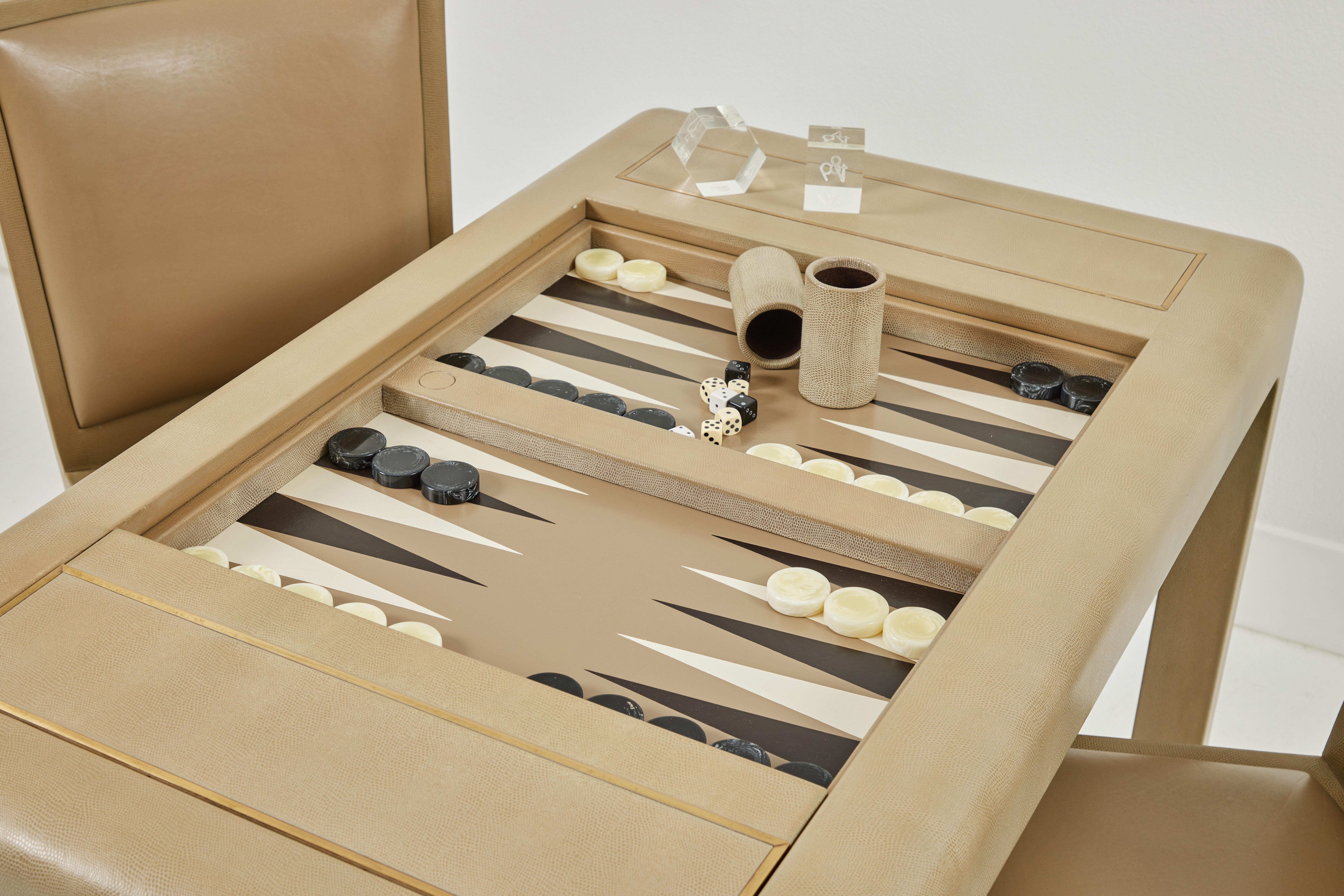 Backgammon Table and Two JMF Chairs by Karl Springer, Signed In Good Condition In Palm Desert, CA