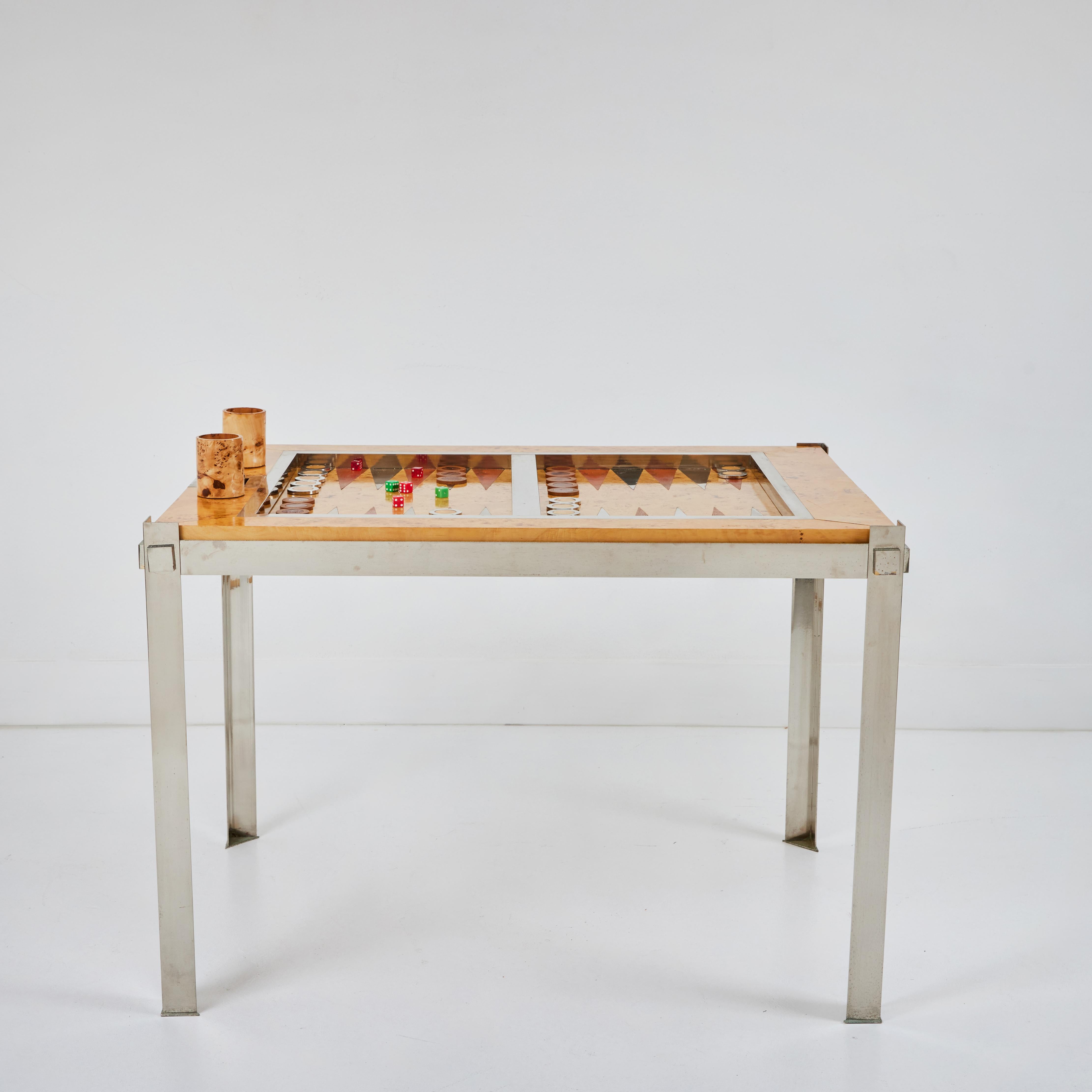 Mid-Century Modern Backgammon Table, Chrome Metal and Burlwood Veneer, Tommaso Barbi, Italy 1970s For Sale