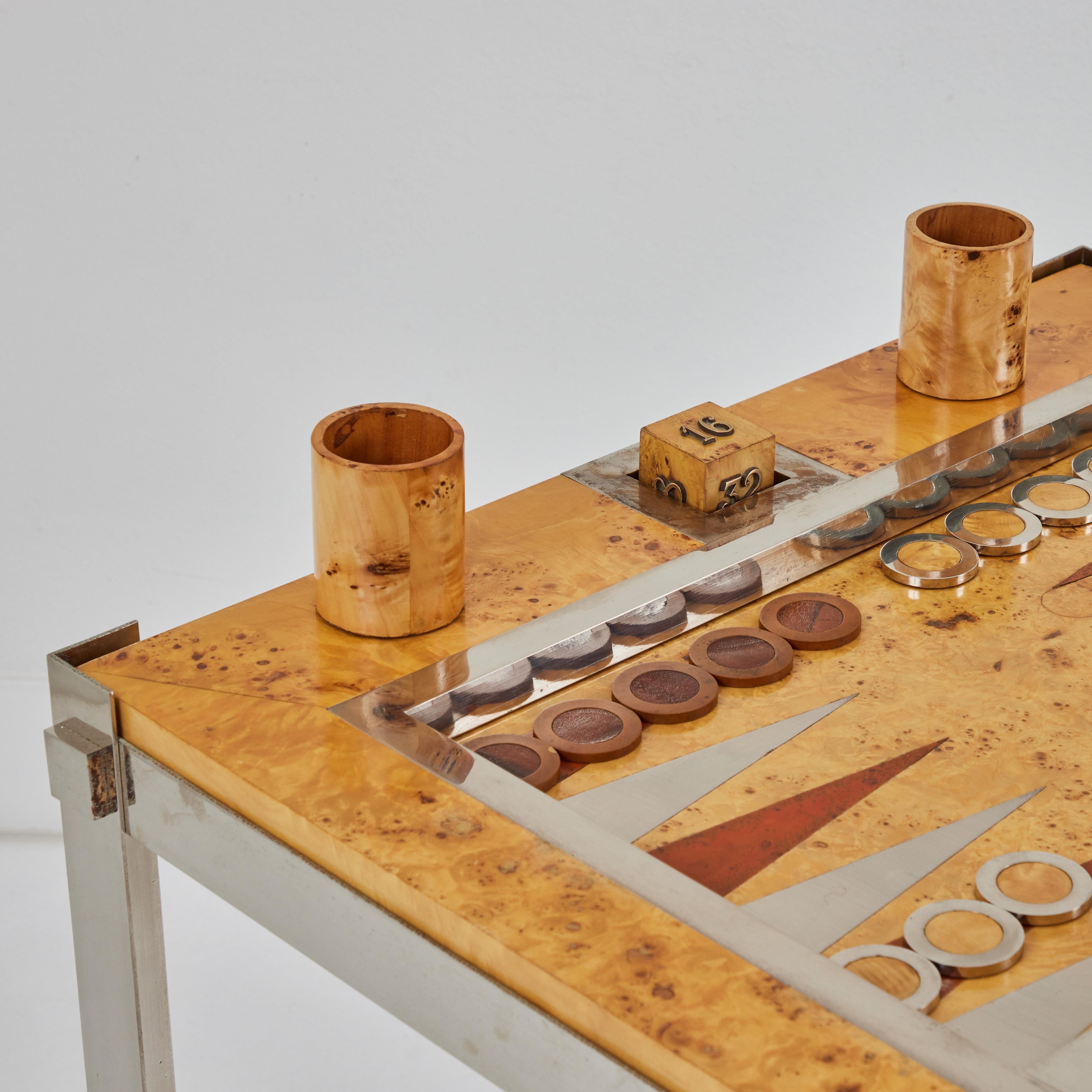 Italian Backgammon Table, Chrome Metal and Burlwood Veneer, Tommaso Barbi, Italy 1970s For Sale