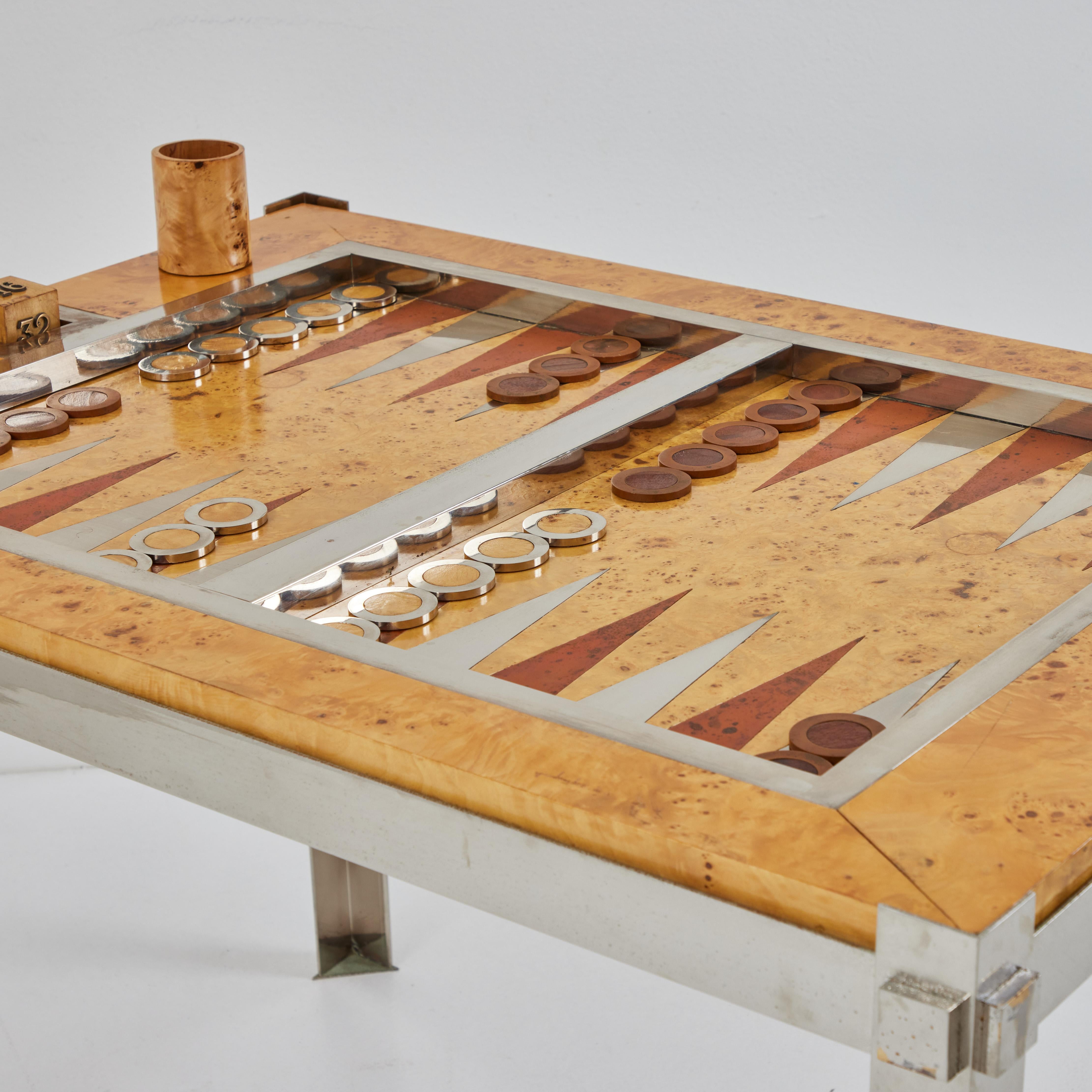 Plated Backgammon Table, Chrome Metal and Burlwood Veneer, Tommaso Barbi, Italy 1970s For Sale