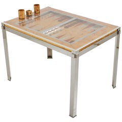 Backgammon Table, Chrome Metal and Burlwood Veneer, Tommaso Barbi, Italy 1970s