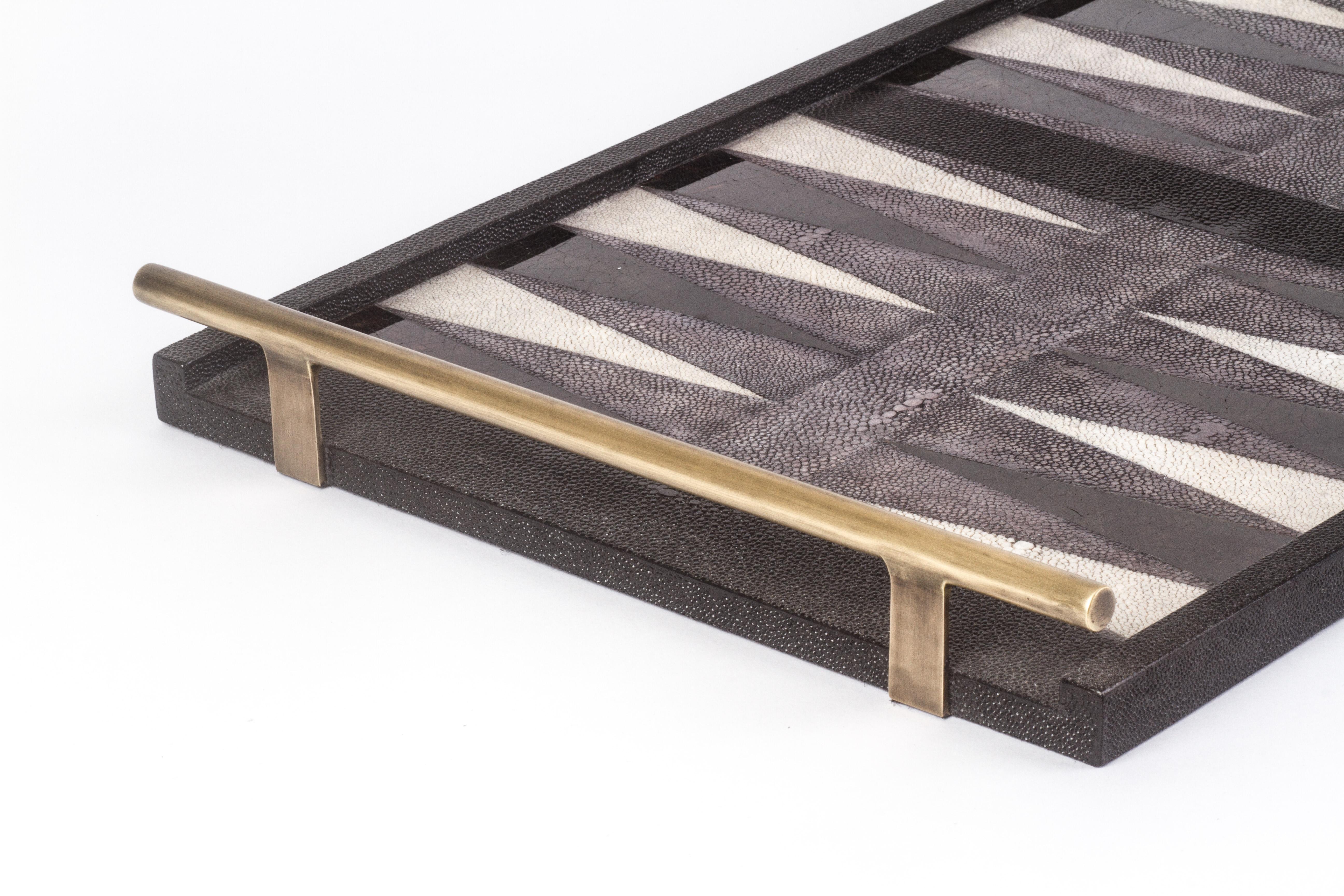 Hand-Crafted Backgammon Tray in Shagreen, Shell and Bronze Patina Brass by Kifu Paris For Sale
