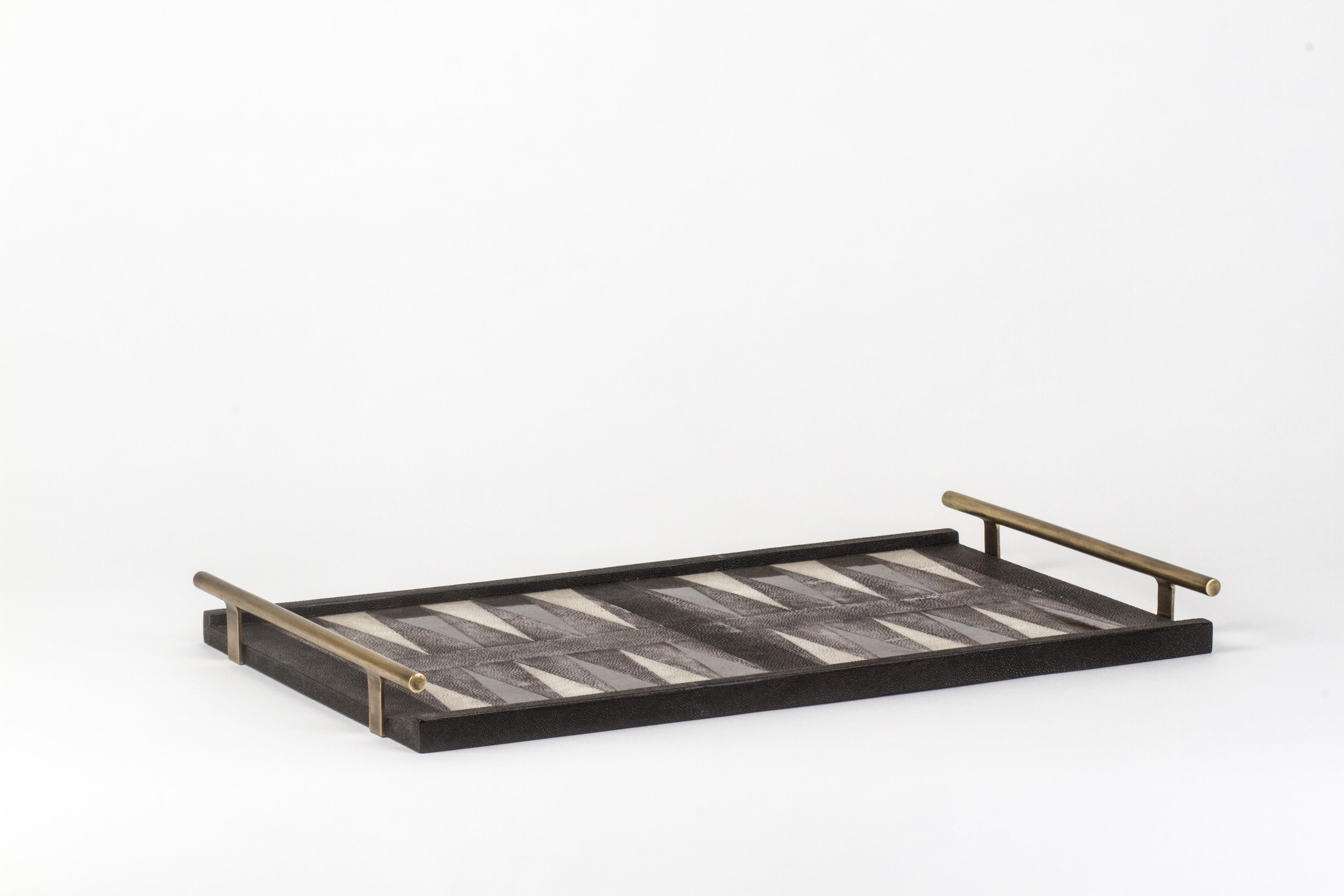Backgammon Tray in Shagreen, Shell and Bronze Patina Brass by Kifu Paris In New Condition For Sale In New York, NY