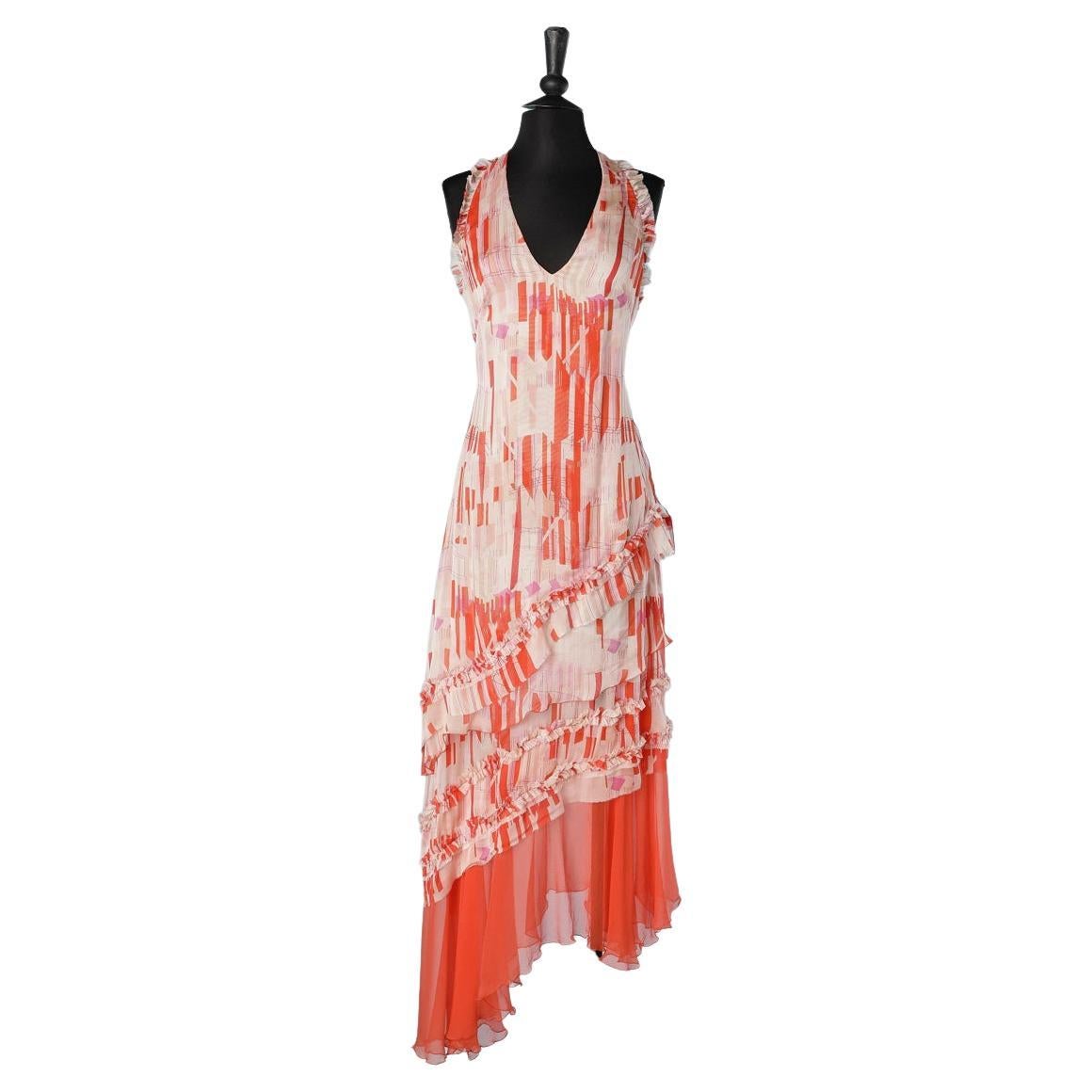 Backless asymmetrical cocktail dress in printed chiffon and ruffles Mugler NEW 