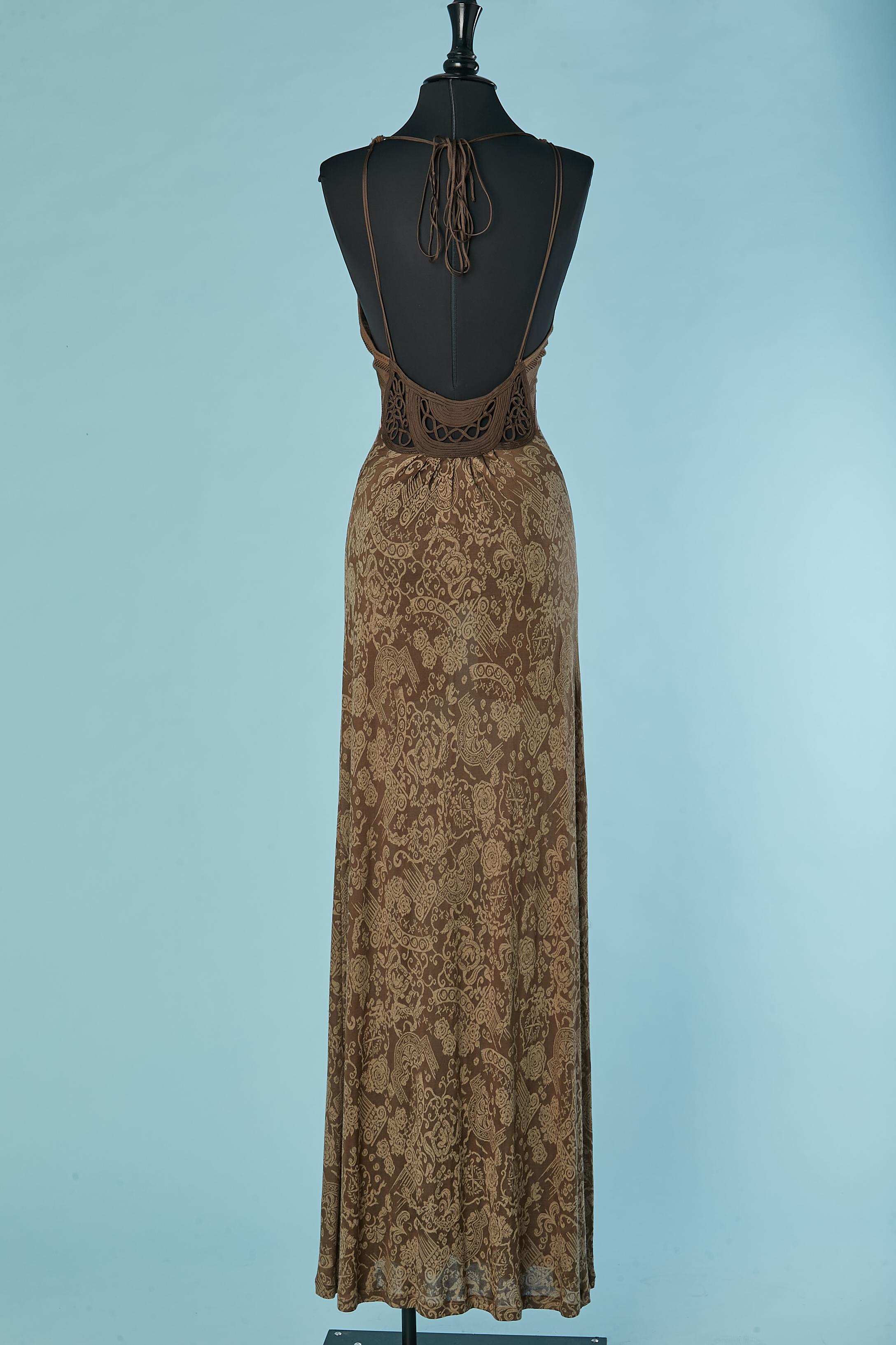 Vestido de noche de jacquard marrón sin espalda con pasamanería Christian Lacroix 1