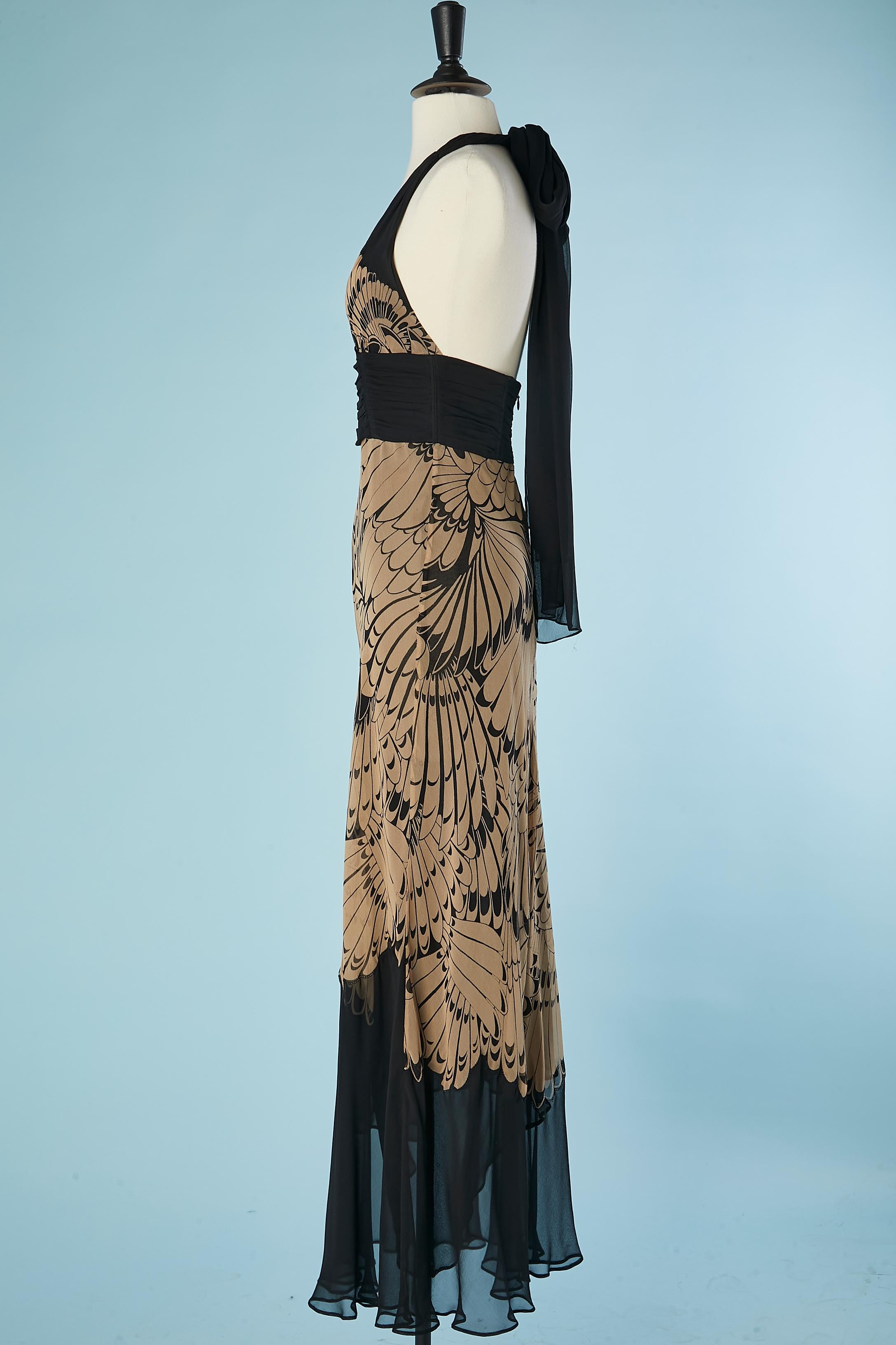 Black Backless evening chiffon dress with feather print Marchesa Notte For Sale