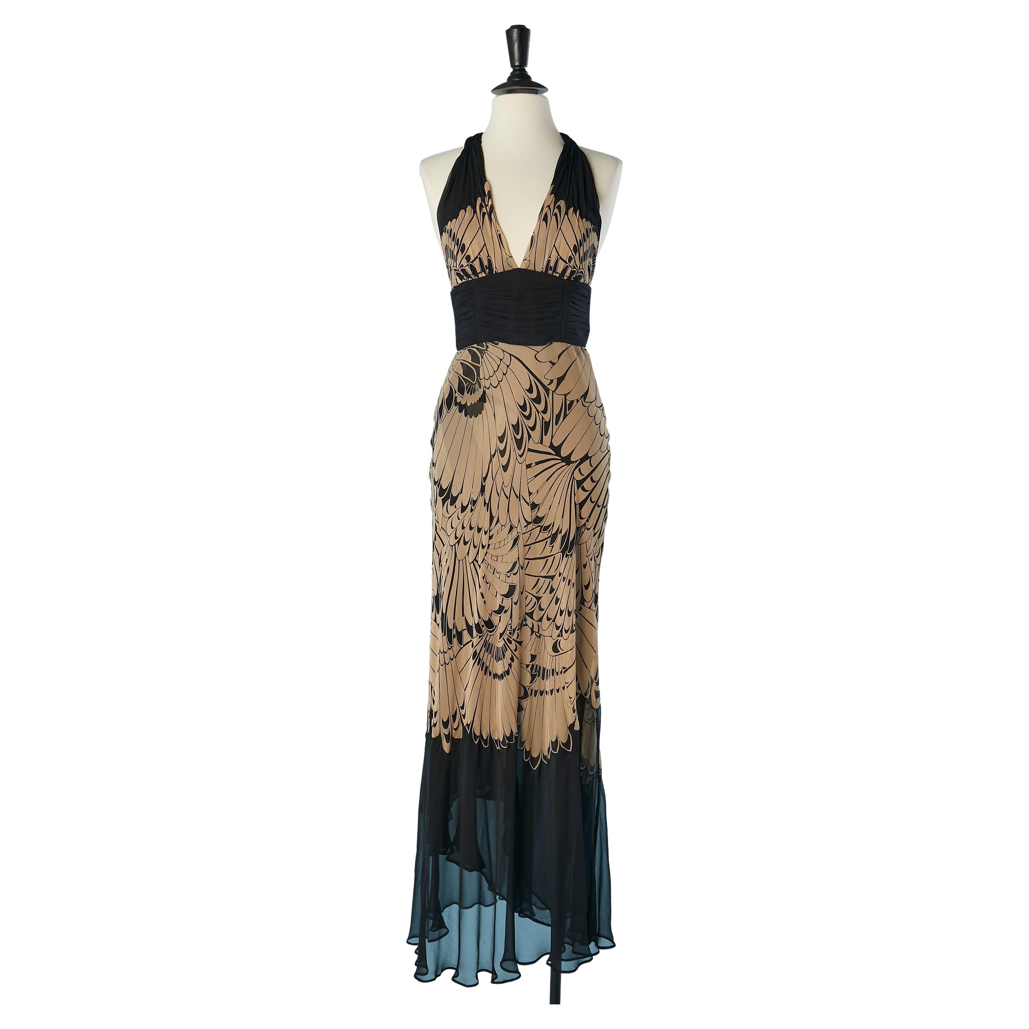 Backless evening chiffon dress with feather print Marchesa Notte  For Sale